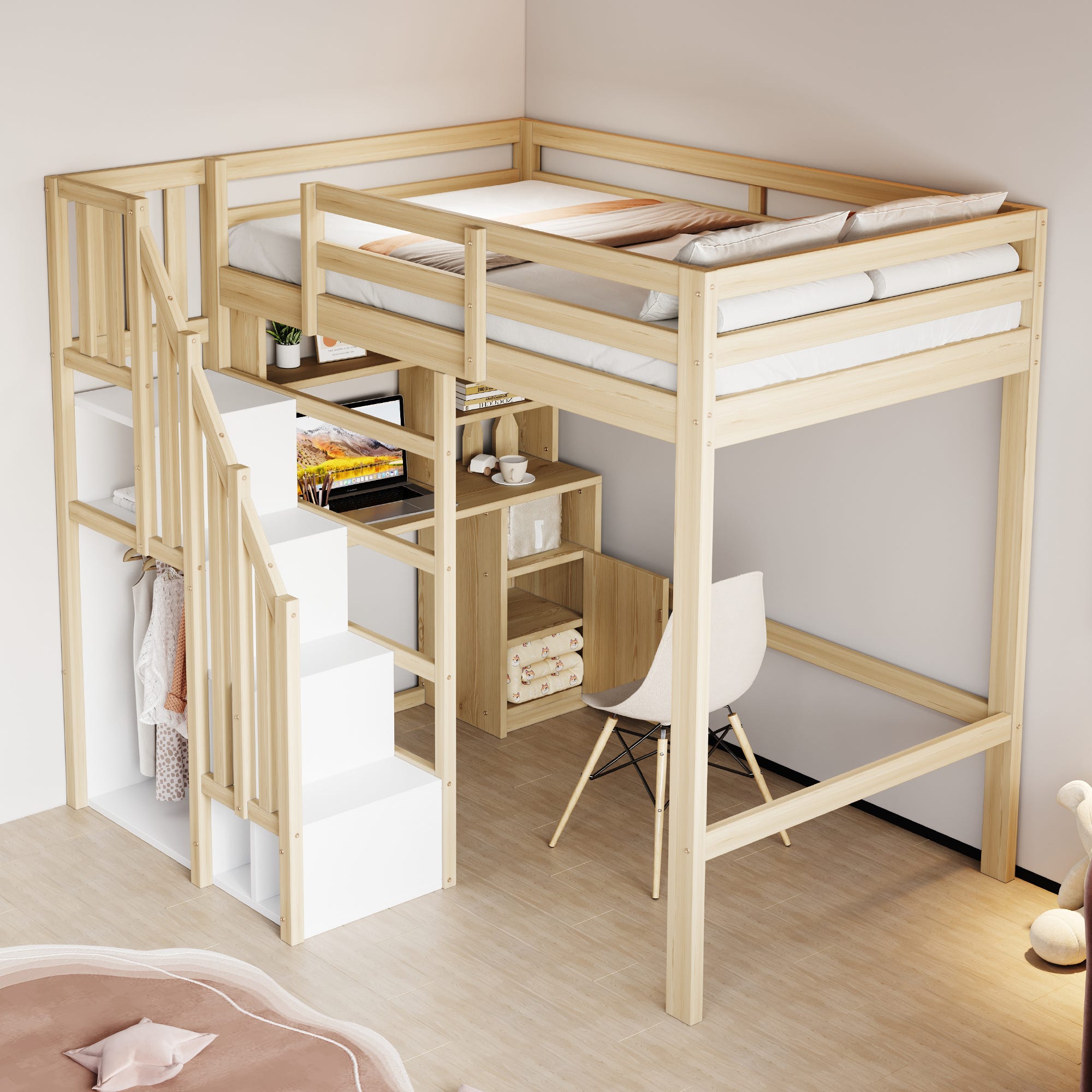 Lit mezzanine 90x200cm avec Bureau,étagères et armoires,lit enfant avec ...