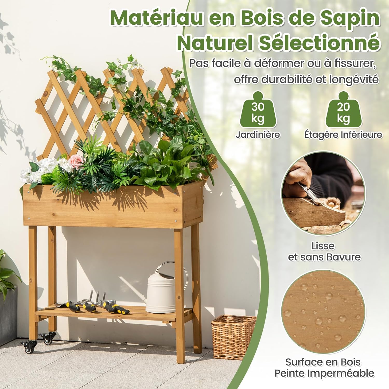 Jardinière Surélevée en Bois avec Treillis à Roulettes, Étagère Inférieure pour Fleurs, Légumes, Herbes, 90x29x129cm - 2