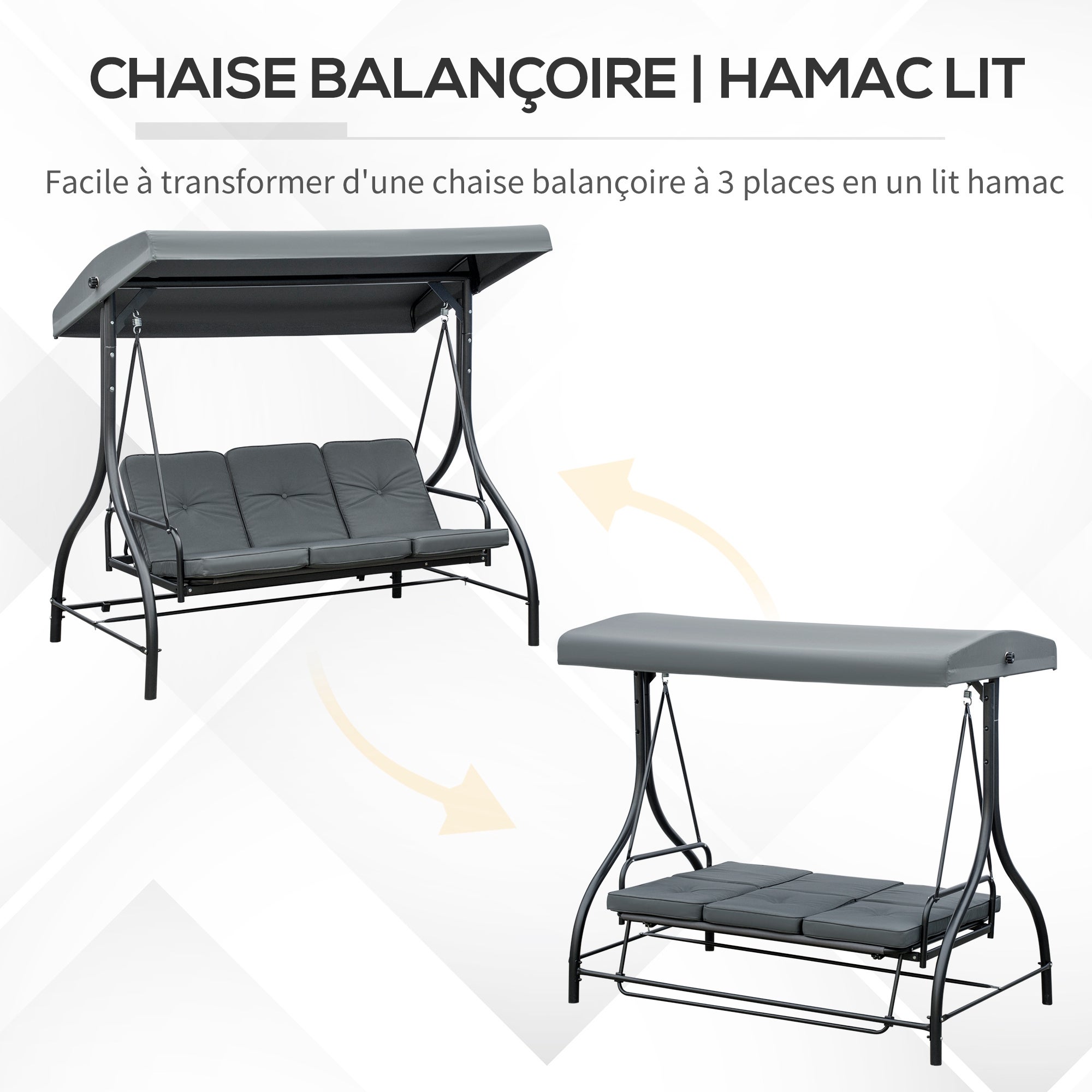 Balancelle de jardin 3 places convertible matelas fourni gris métal noir - 5