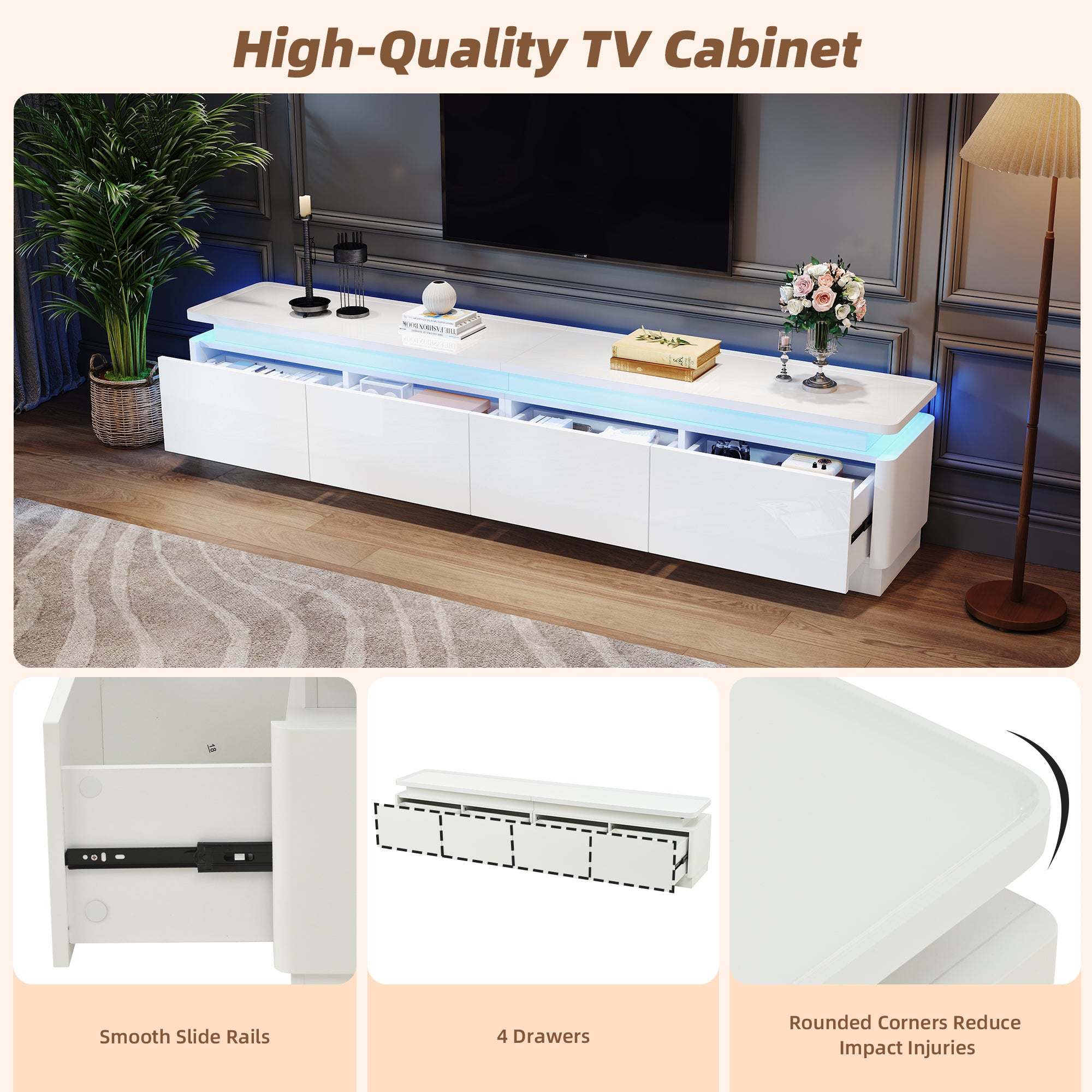 Stolik pod TV 180x34x40cm - z 4 szufladami - z oświetleniem LED - wykończenie błyszczące - kolor biały - 4