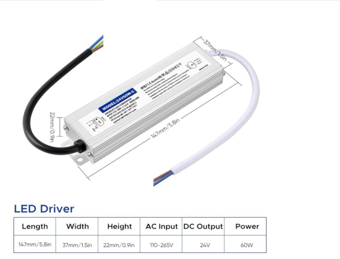 Transformateur LED 24V, LED Driver 60W, Alimentation 2.5A étanche IP67, Transfo 220V à 24V DC Pour l'éclairage Intérieur et Extérieur - 2