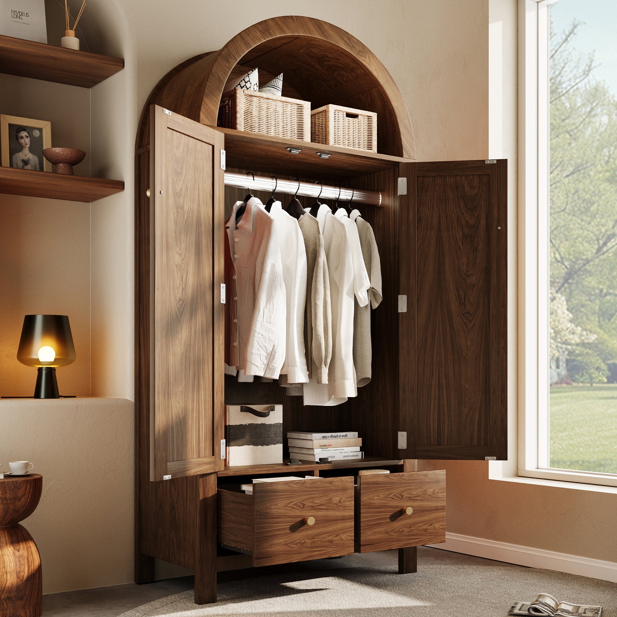 Armoire penderie avec Cannage en Rotin, 2 portes 2 tiroirs, étagère ouverte semi-ronde, fermeture magnétique, tringle vêtements, 181x78x45 cm, noyer - 4