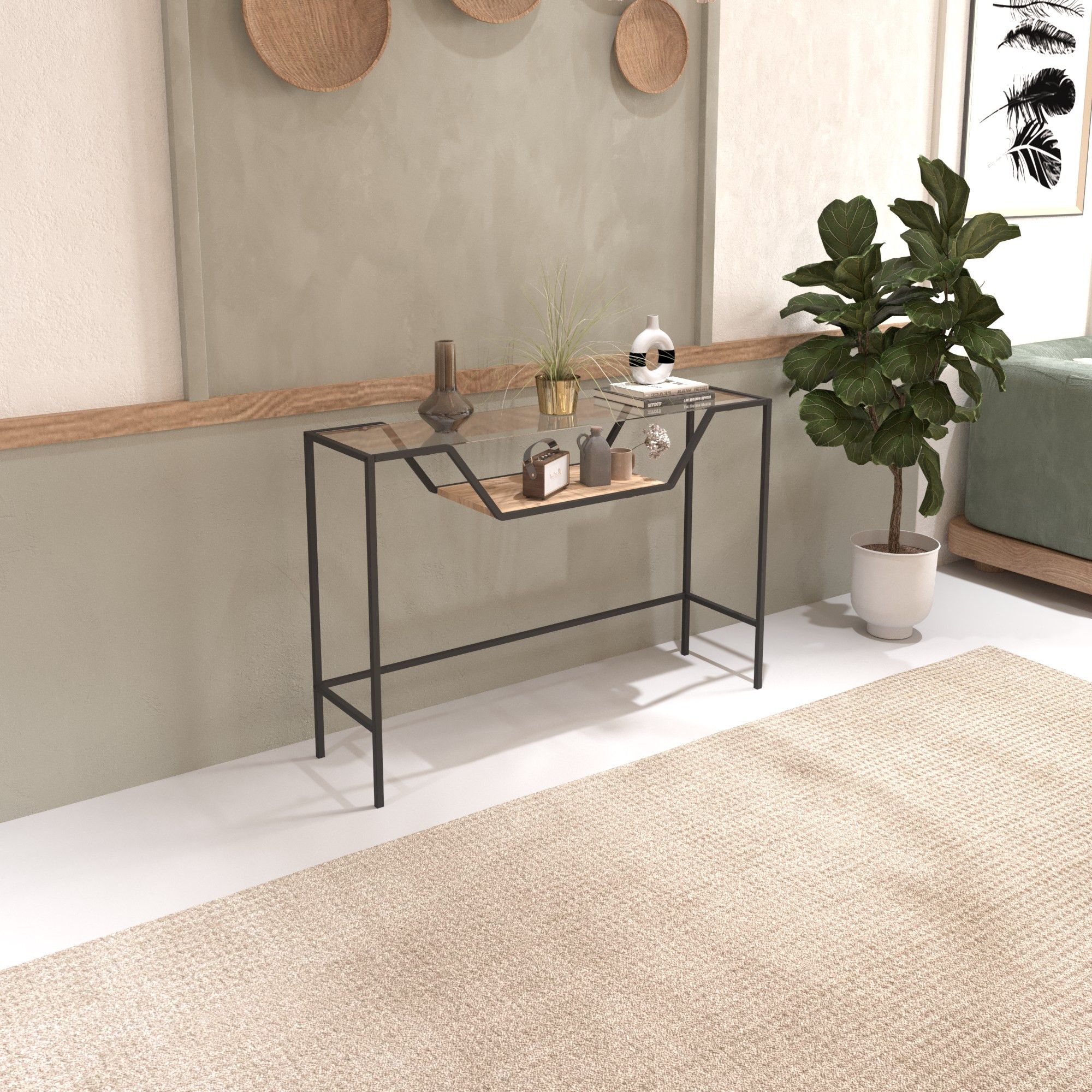 Console style minimaliste Cersa L100cm Verre trempé Transparent Bois ...