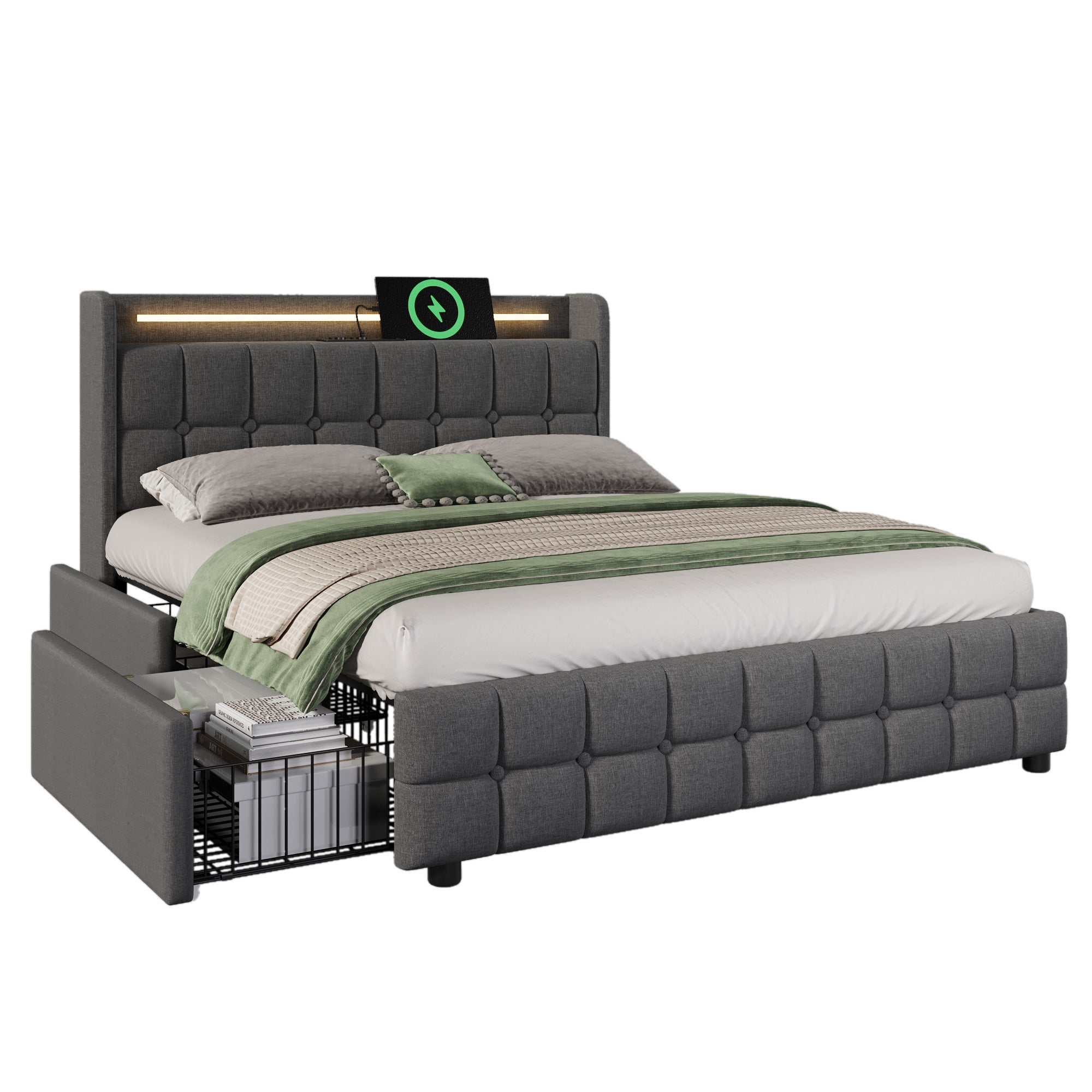 Cama tapizada 160x200cm en lino - con LED y puertos de carga USB - 2 cajones - Gris - 5