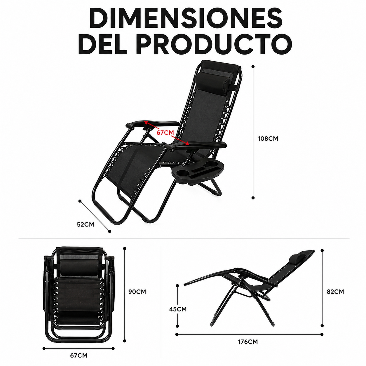 Pack 2 Espreguiçadeiras Dobráveis Praia Pretas com Porta-copos - 6