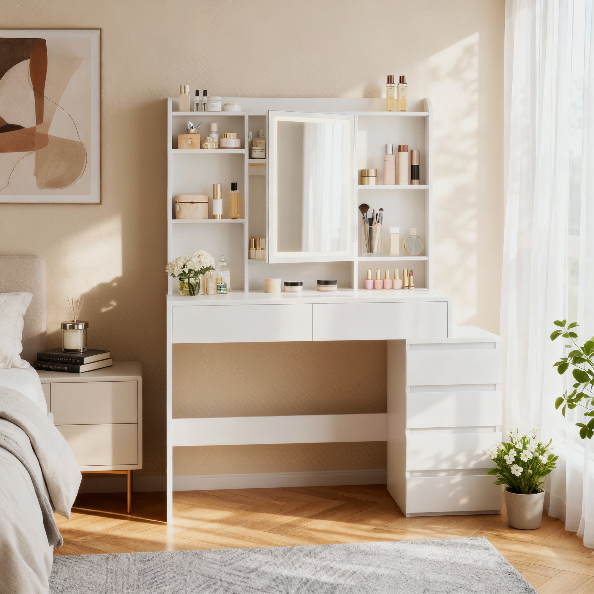 Coiffeuse, avec Grand Miroir LED à Luminosité Réglable, 40 x 118,3 x 145 cm, Blanc - 2