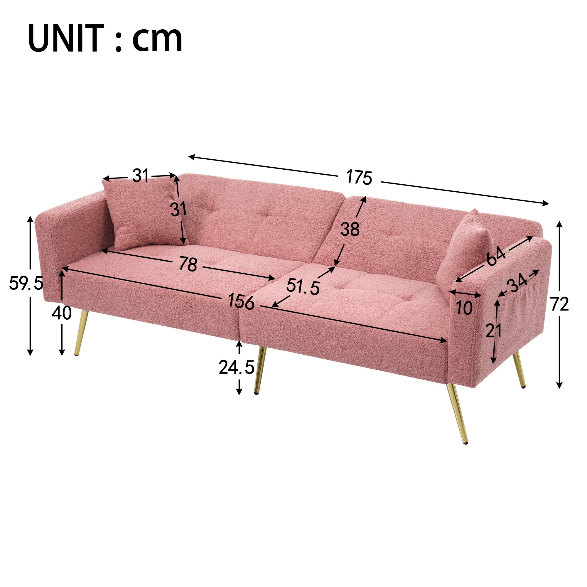 Sofa rozkładana z regulowanym oparciem - 2-osobowa - tkanina French Terry - różowa - 5