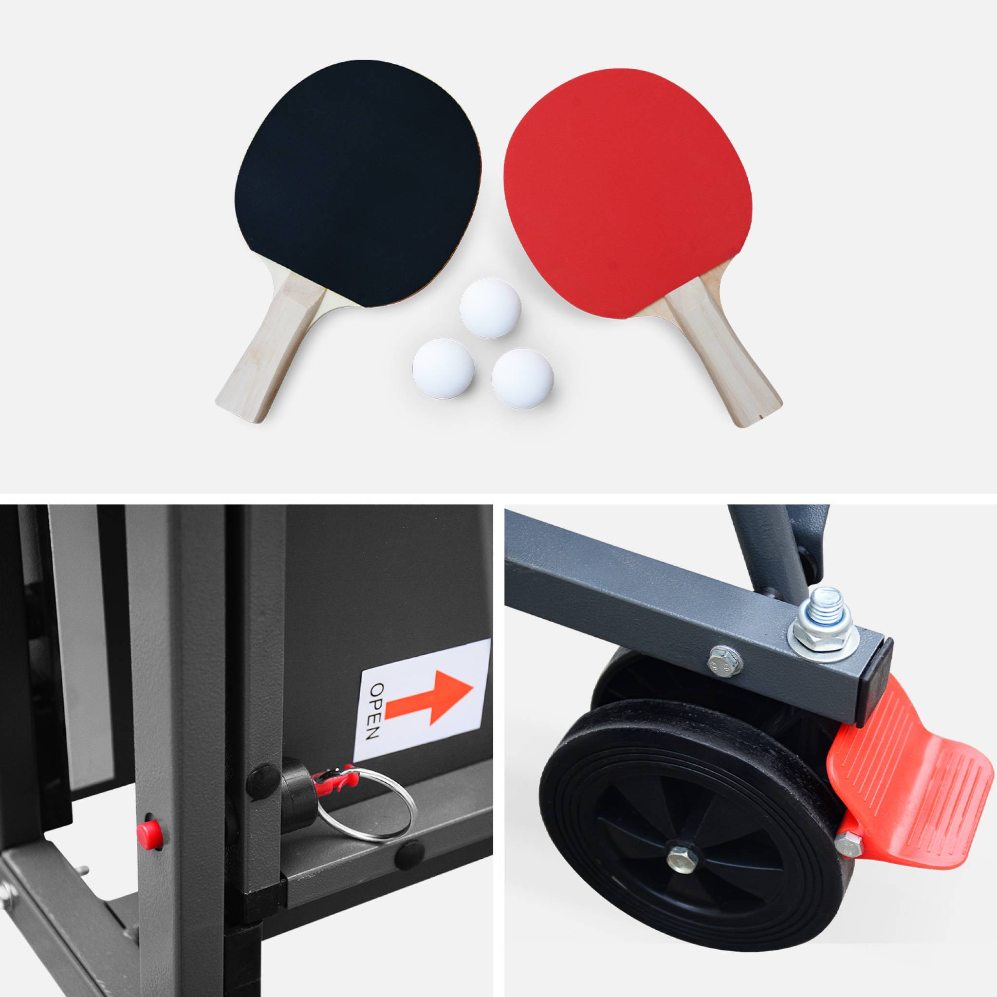 Table de ping pong INDOOR gris - table pliable avec 2 raquettes et 3 balles. pour utilisation intérieure. sport tennis - 6