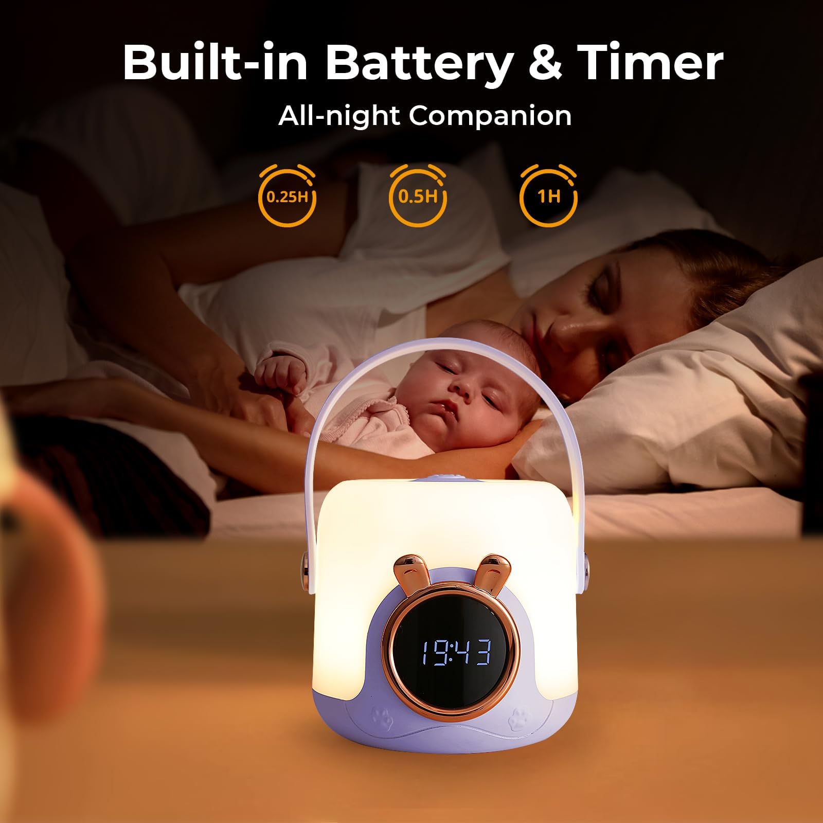 Luce notturna per bambini con orologio, luci notturne dimmerabili, lampada da tavolo portatile, 3 temperature di colore, 10,6*15,4 cm - 5