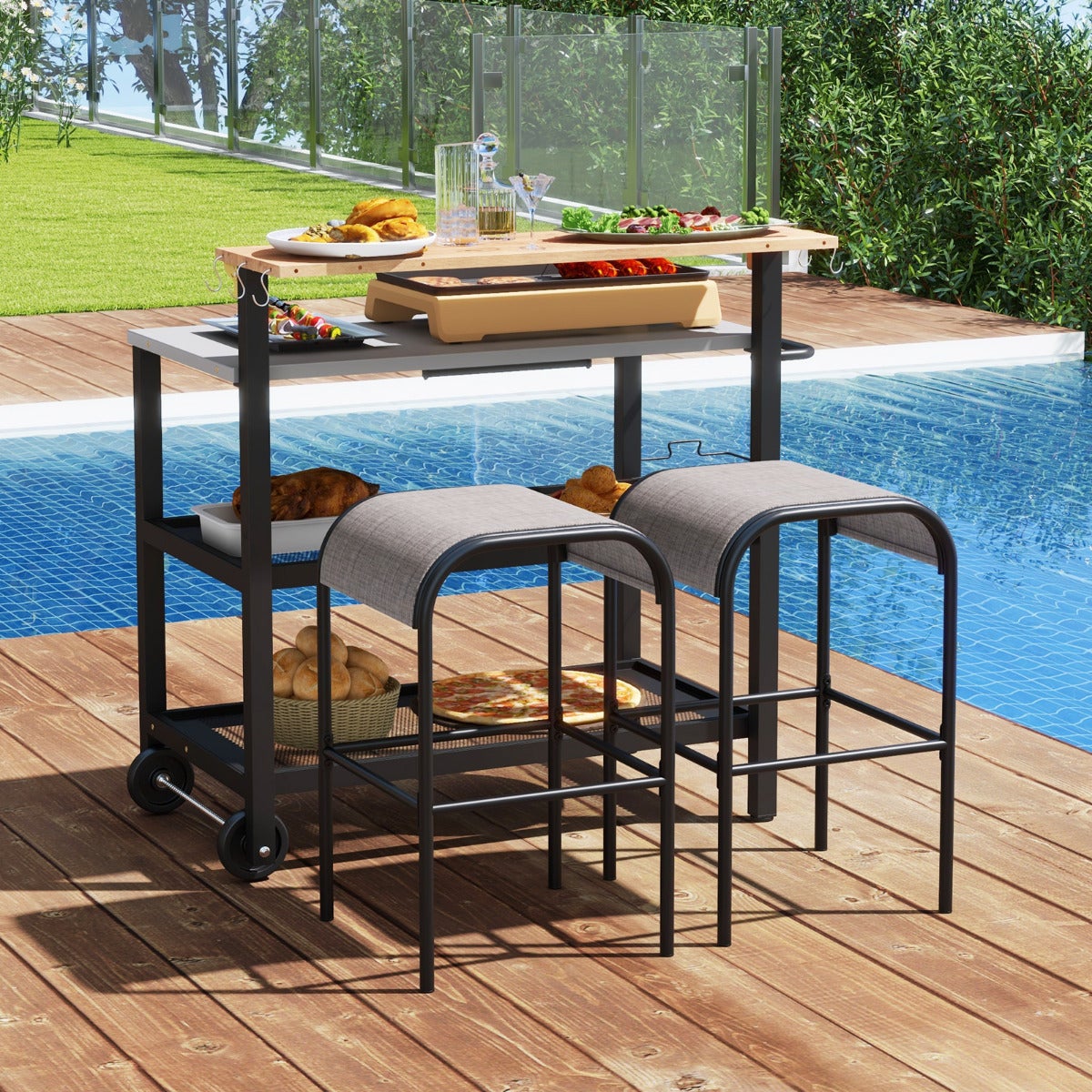 Carro con mesa plegable de cocina soporte móvil para horno de pizza negro