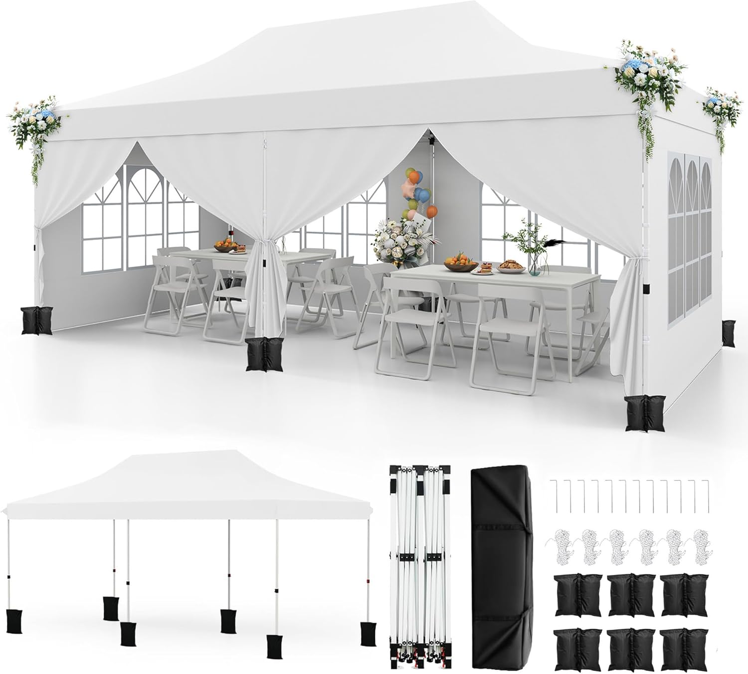 Składana Altana 3x6 m z 6 Ściankami Bocznymi, Składany, z Filtrem UV 50+, Wodoodporny, 6 Worków z Piaskiem, Torba Transportowa, Biały