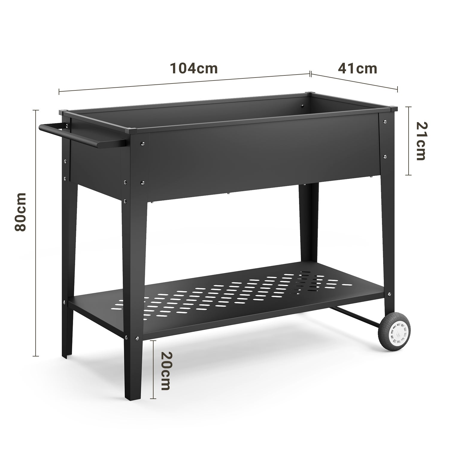 Horta Elevada Bealife Jardinera Elevada 80 cm com 2 Rodas e Prateleira Alça Lateral Orifícios de Drenagem Aço Anti-oxidação Preto - 3