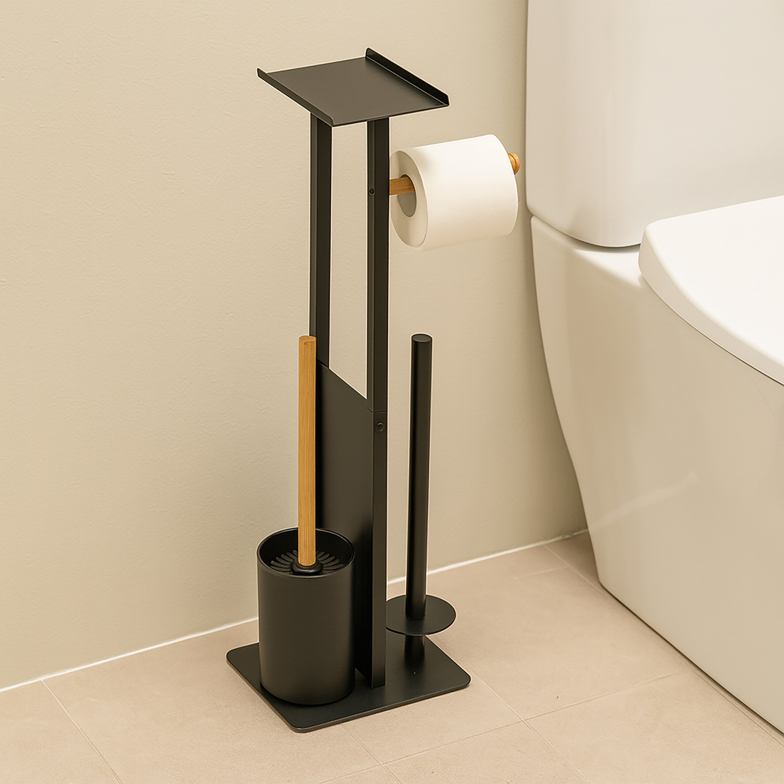 Relaxdays Porta Carta Igienica Da Bagno, Mobiletto Autoportante Da Appoggiare Mdf E Bamb 71x18x20 Cm Marrone Bianco 69335180 - 5
