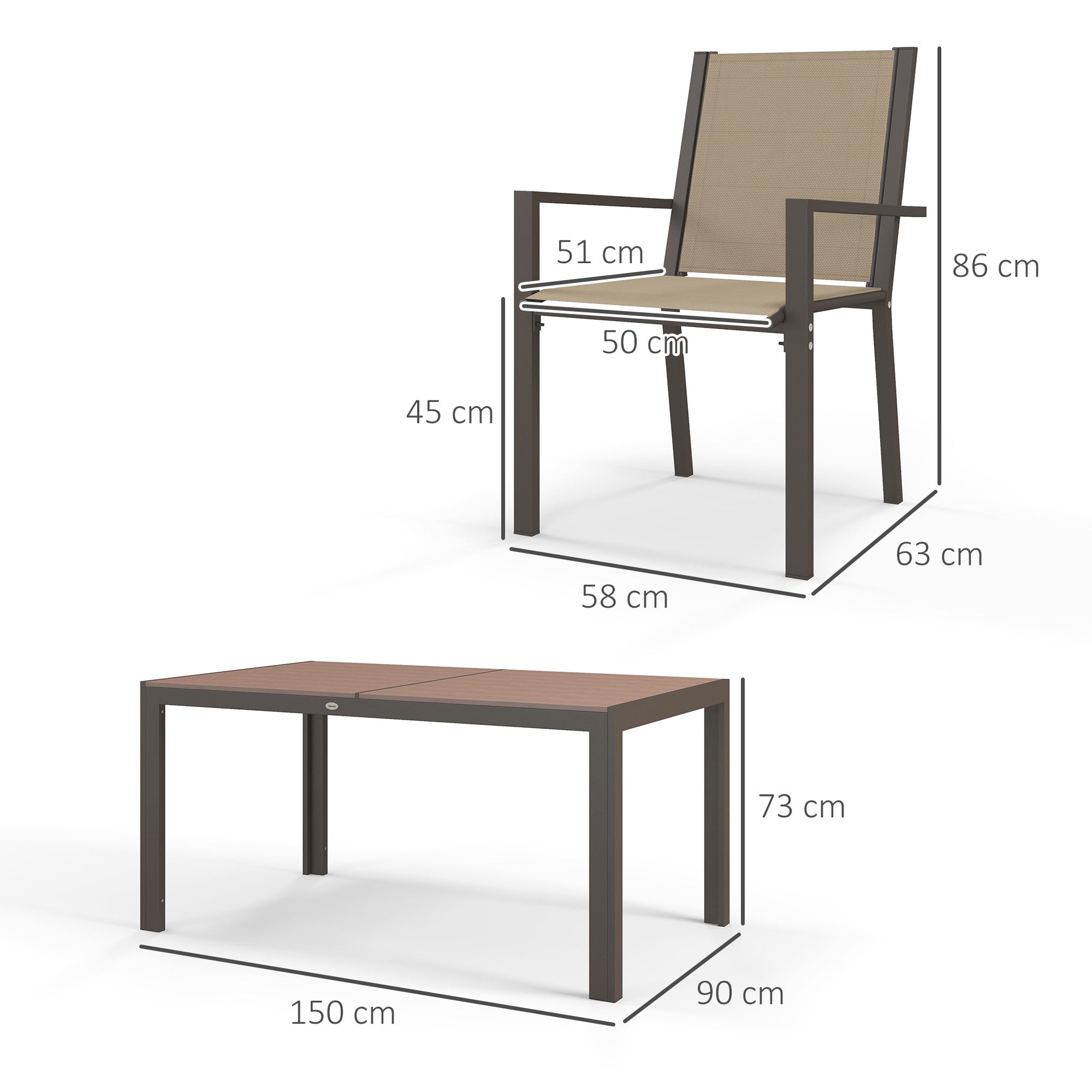 Conjunto de Jardín Outsunny Acero, Textilene Caqui 150x90x73 cm - 3