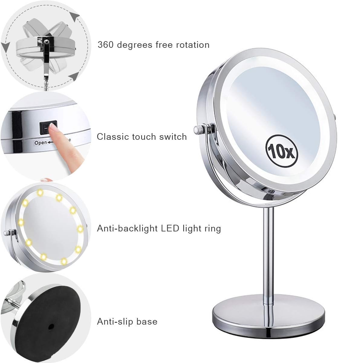 NUSVAN Specchio Da Trucco Con Luci LED 30x36 Cm – 3 Modalità Colore, Ingrandimento 10x Rimovibile, Touch Control