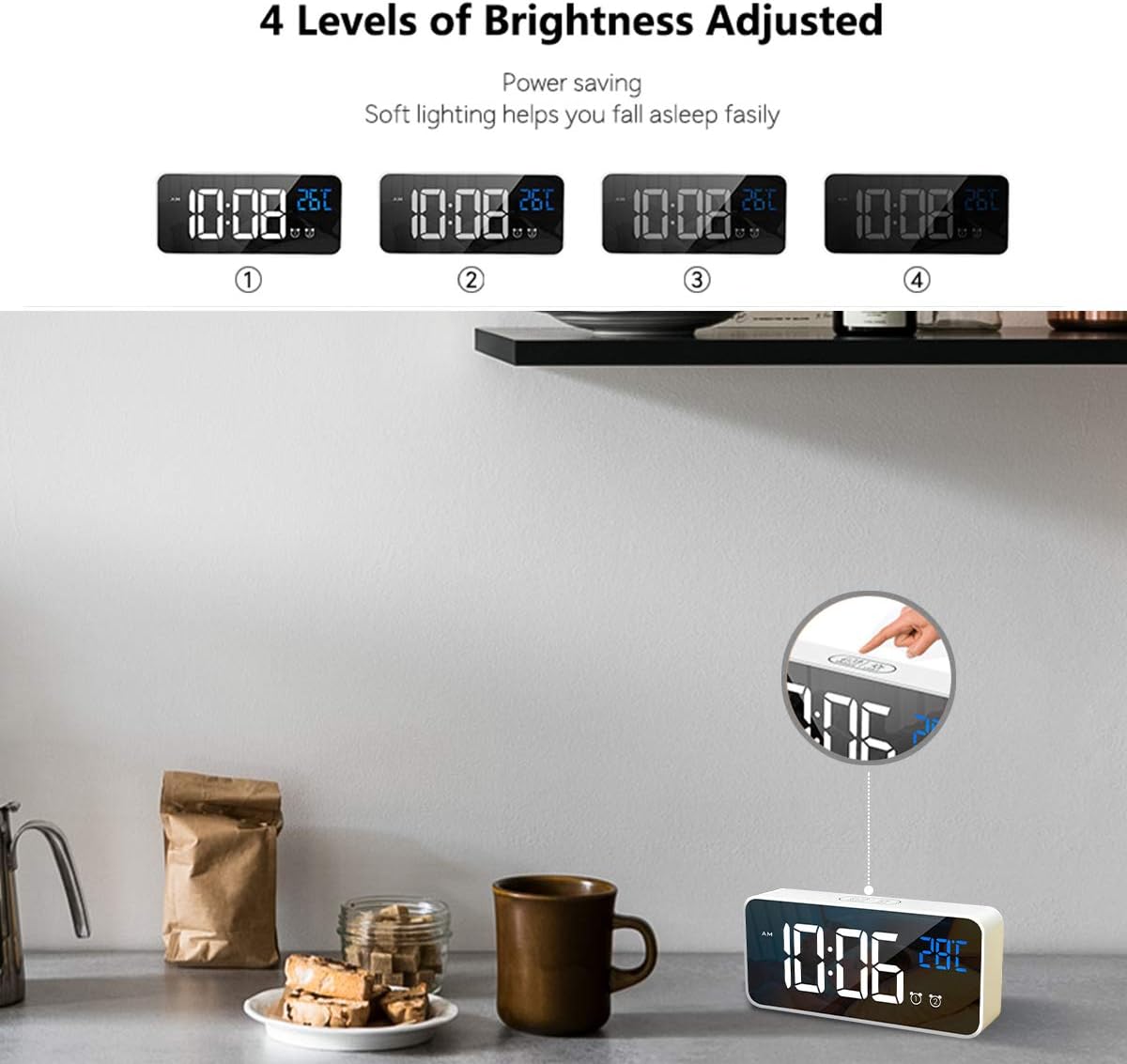 Réveil numérique avec grand affichage LED de la température, réveil miroir portable avec double alarme, fonction snooze, variateur de luminosité à 4 - 5