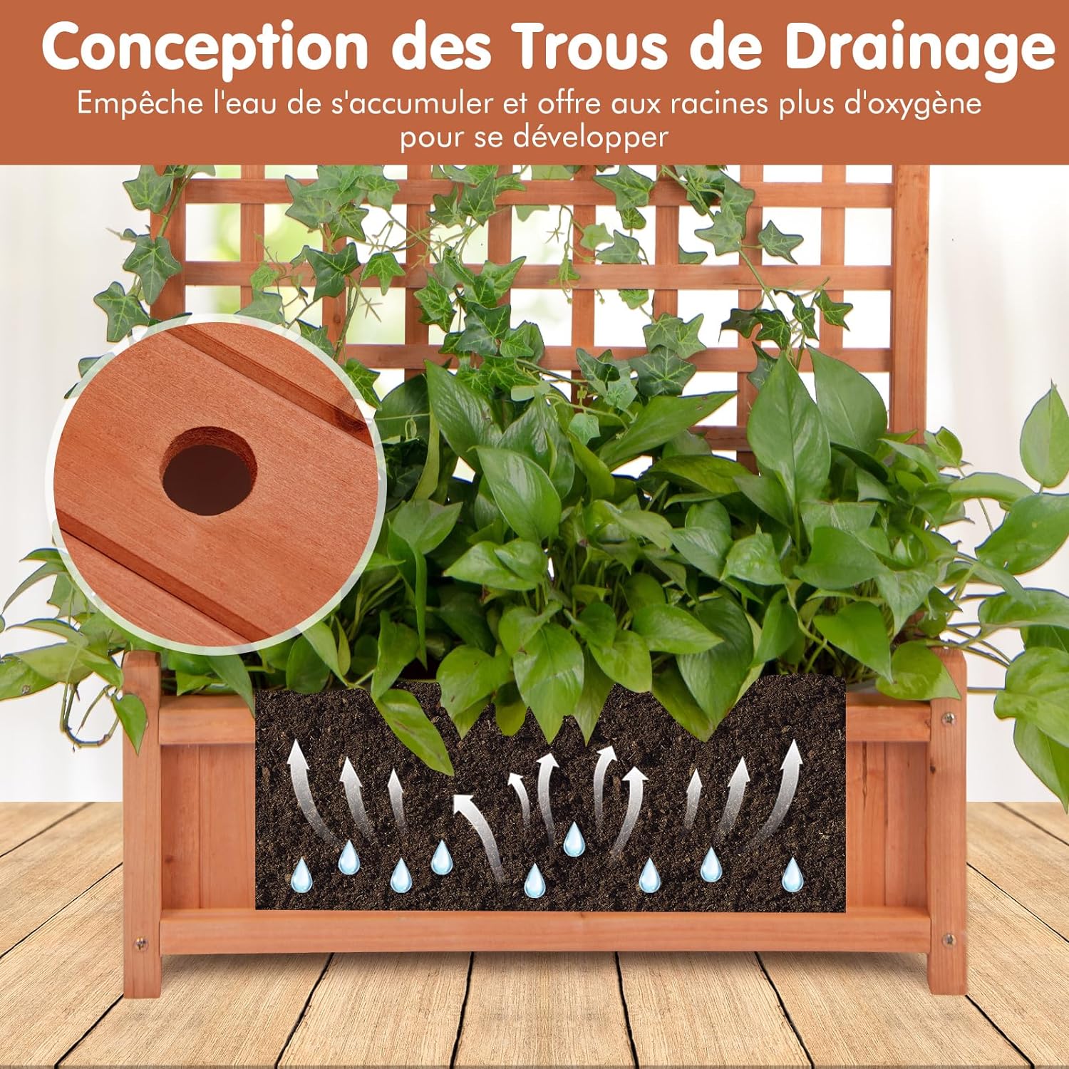 Jardinière avec Treillis 183cm en Bois, pour Plantes Grimpantes, Bac à Fleurs avec Trou de Drainage, 75x33x183CM - 3