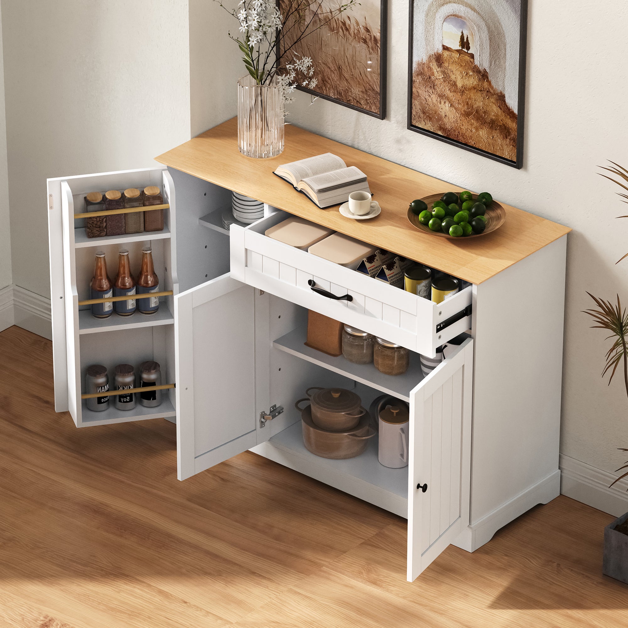 Nowoczesna komoda z 3 drzwiami i 1 szufladą - 107 x 40 x 83,4 cm - do jadalni, salonu - MDF - Biały + naturalny - 3