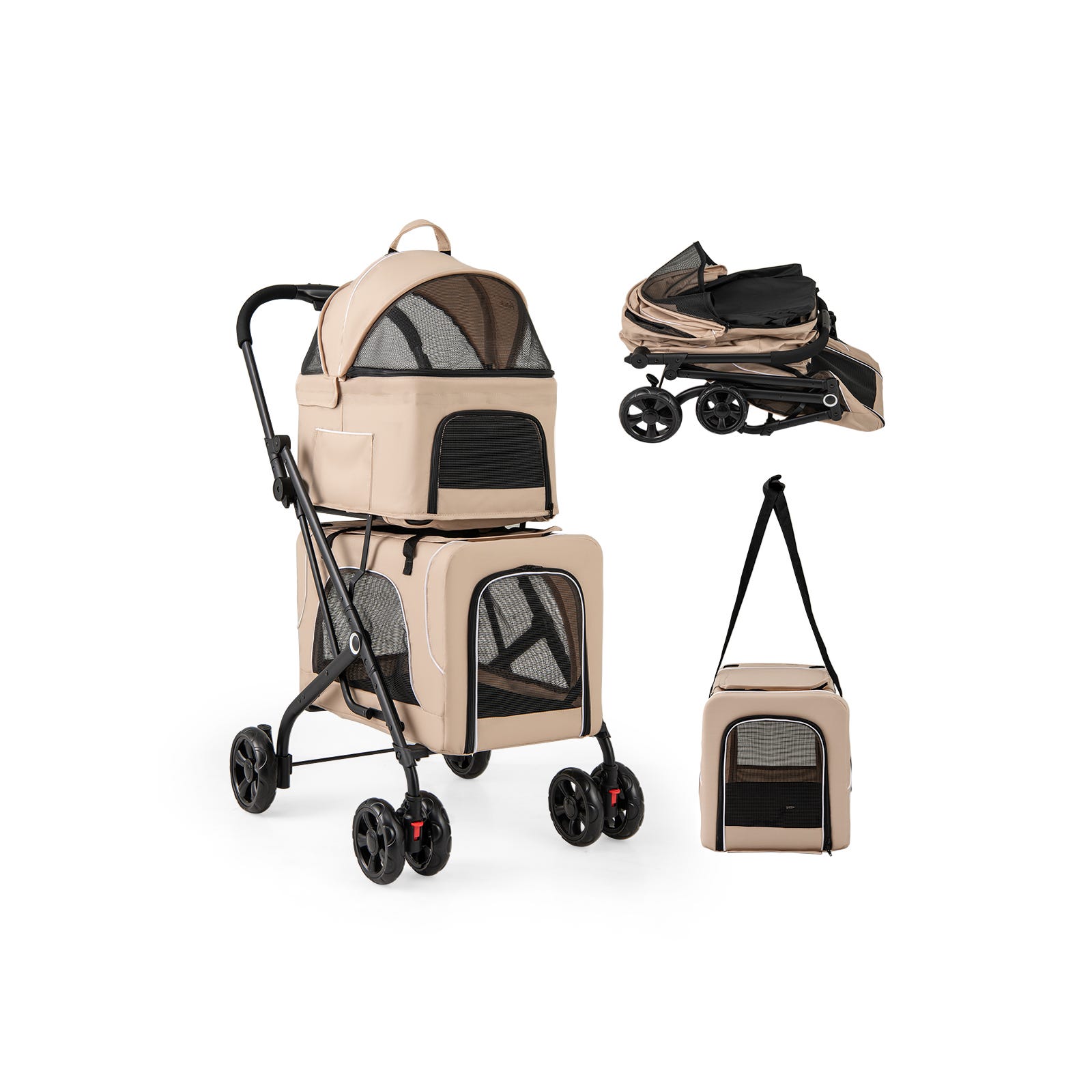 Double Couche Poussette Chien Chat, Poussette 3-en-1 Pliable pour