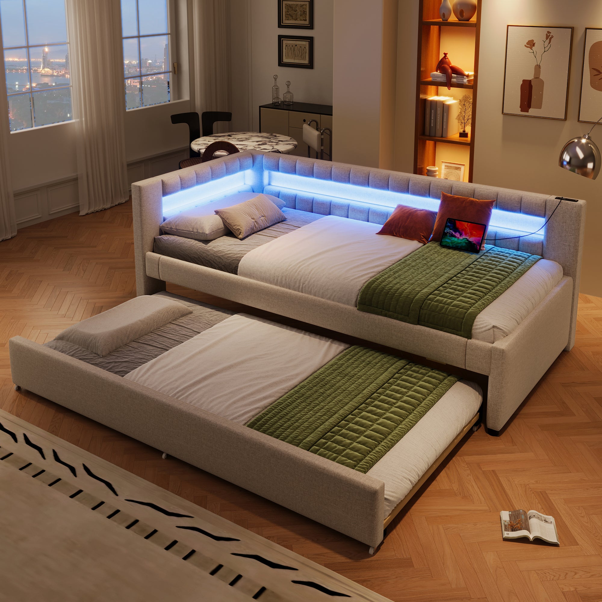 Łóżko wysuwane 90 x 200 cm + 90 x 190 cm z zagłówkiem - Ładowanie USB i typu C oraz diody LED - Tkanina lniana - Beżowy (bez materaca) - 6