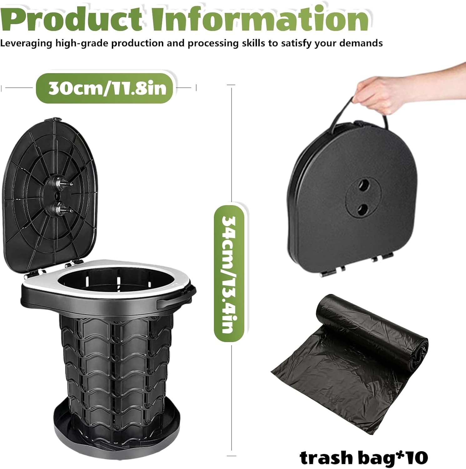 Toilette portable pour camping avec couvercle, toilette sèche pliable avec sac poubelle inclus, idéale pour voyages, pêche, plage, barbecue et road trips