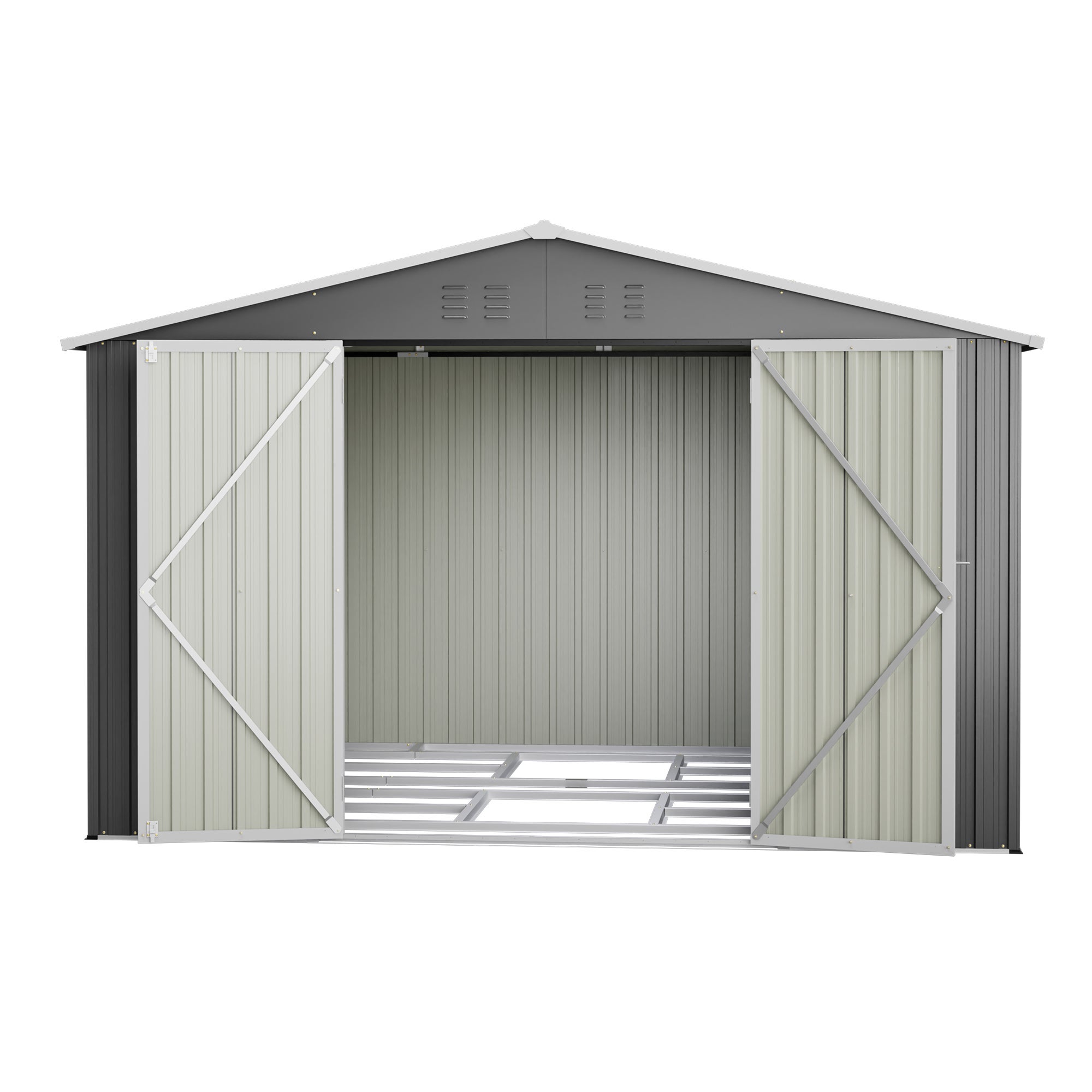 7.56 m² Caseta jardin exterior metálica 300x252x191 cm,Cobertizo para Herramientas con Puerta y Ventilación para Terraza Patio-Gris - 9
