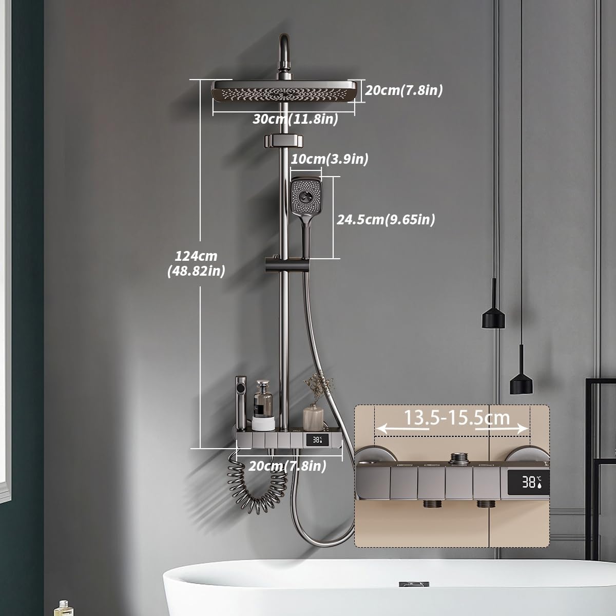 Colonne de Douche Design Piano Key - Mitigeur, Pomme de Douche 30x20cm, Affichage LED, Hauteur Ajustable, Multifonctionnelle - 5