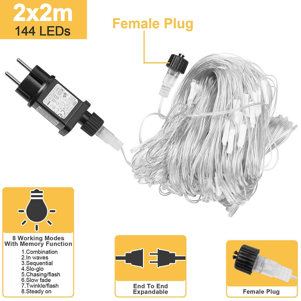 Ghirlanda luminosa, 144 LED, alimentazione a rete, 2 m x 2 m, 8 modalità, ghirlande luminose con regolatore, decorazioni per Natale - Multicolore - 2