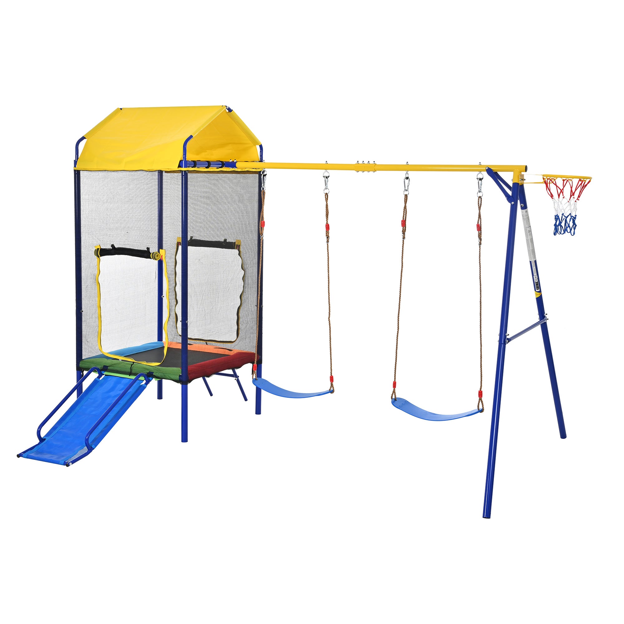 Aire de jeux extérieure 4 en 1, avec trampoline, double balançoire, toboggan et panier, en fer, multicouleur - 4