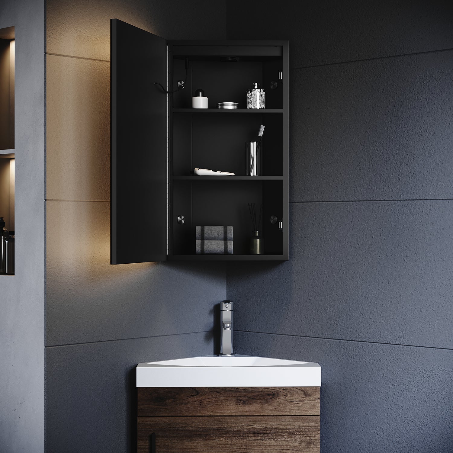 SIRHONA Suspendue de Salle de Bain avec LED Miroir Noir 38.5x70x16cm, Anti-buée Tactile Miroir avec Armoire de Rangement, pour Angle - 2