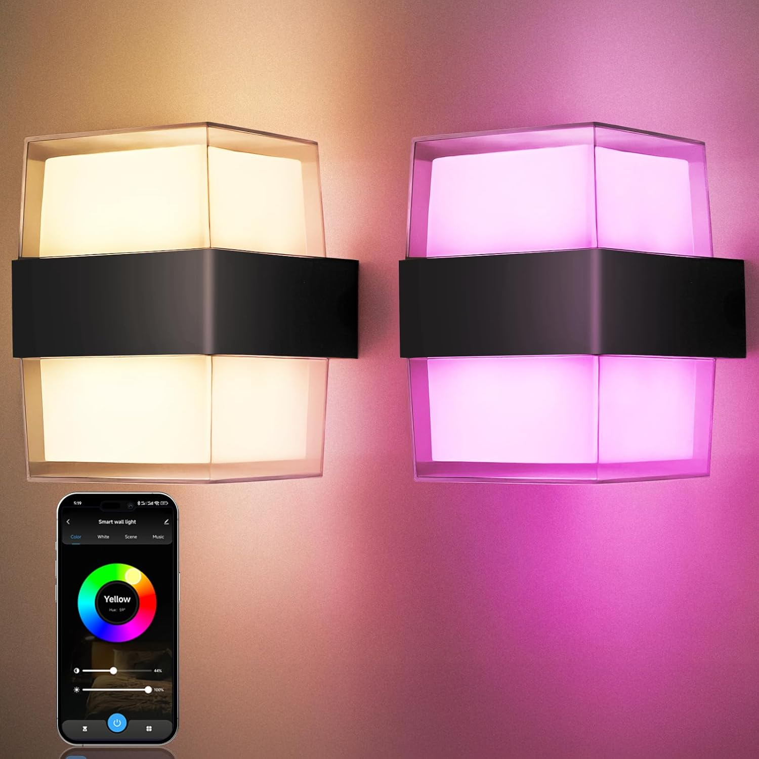 Zestaw 2 zewnętrznych kinkietów, sterowanie aplikacją, ściemniana lampka nocna LED, wodoodporna lampa ogrodowa IP65, zmieniająca kolor