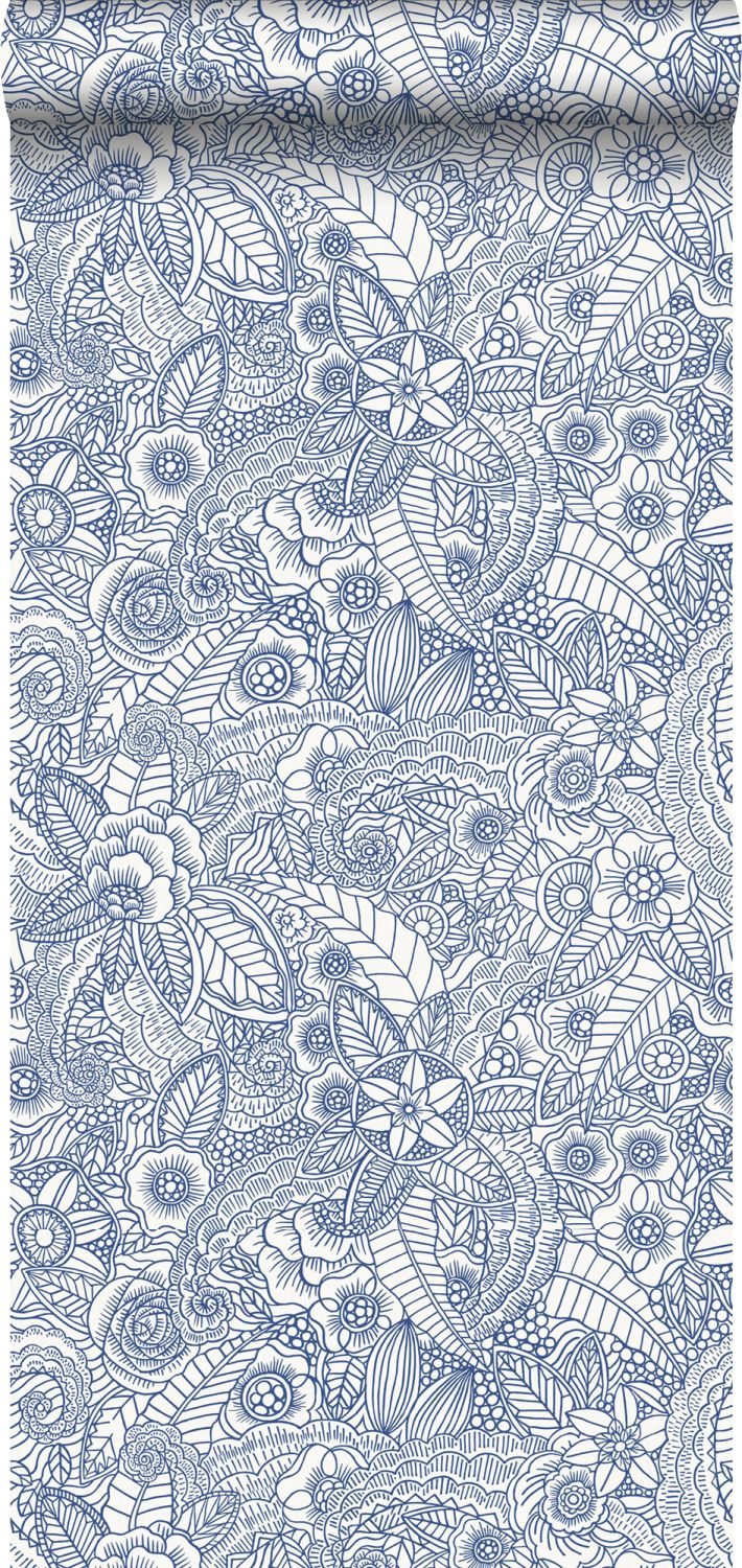 Tapeta rysunki kwiatowe niebiesko-białym - 53 cm x 10.05 m - ESTAHOME