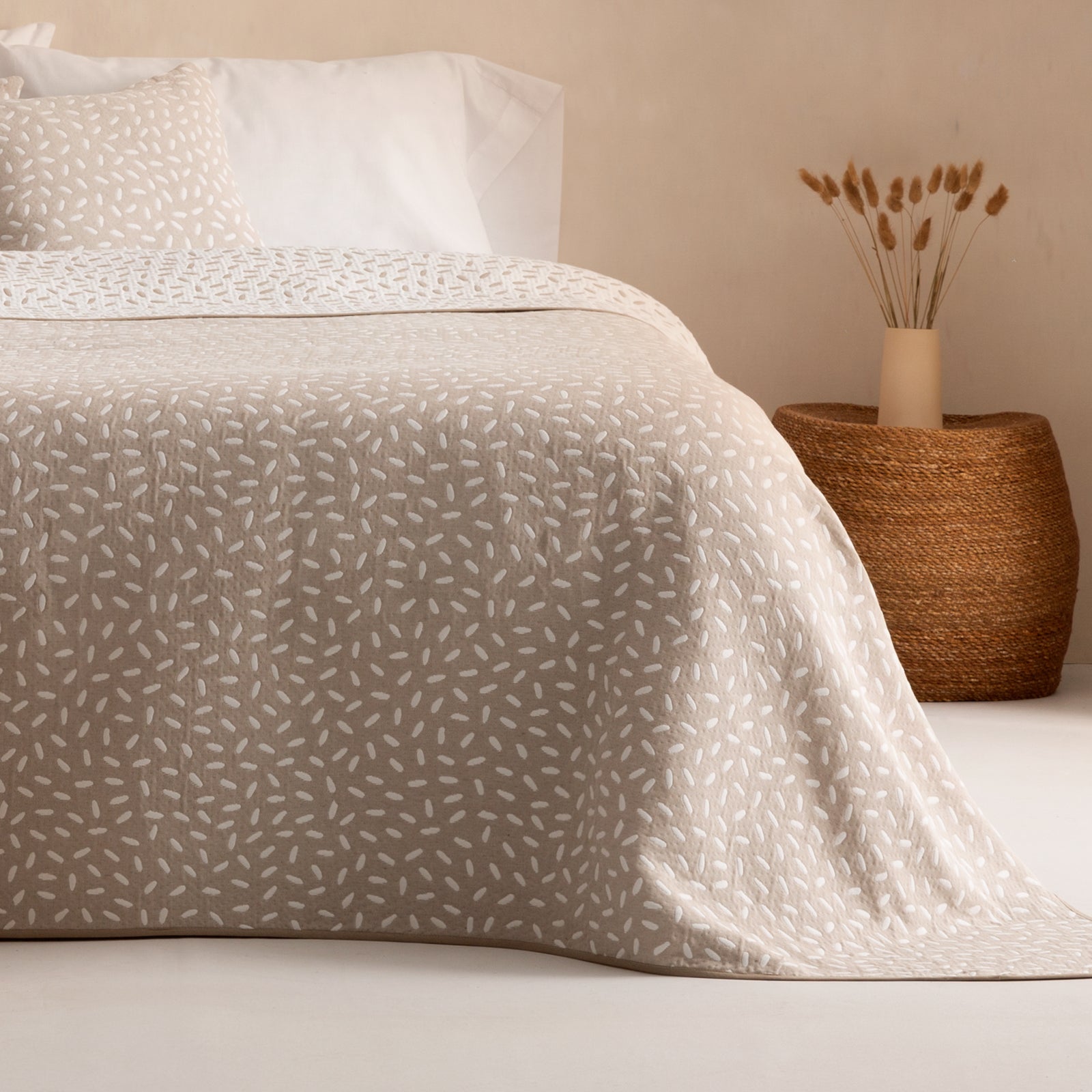 Colcha cama 135/140 cm ligera entretiempo primavera verano cinti jacquard algodón transpirable, 235x270 cm, color beige