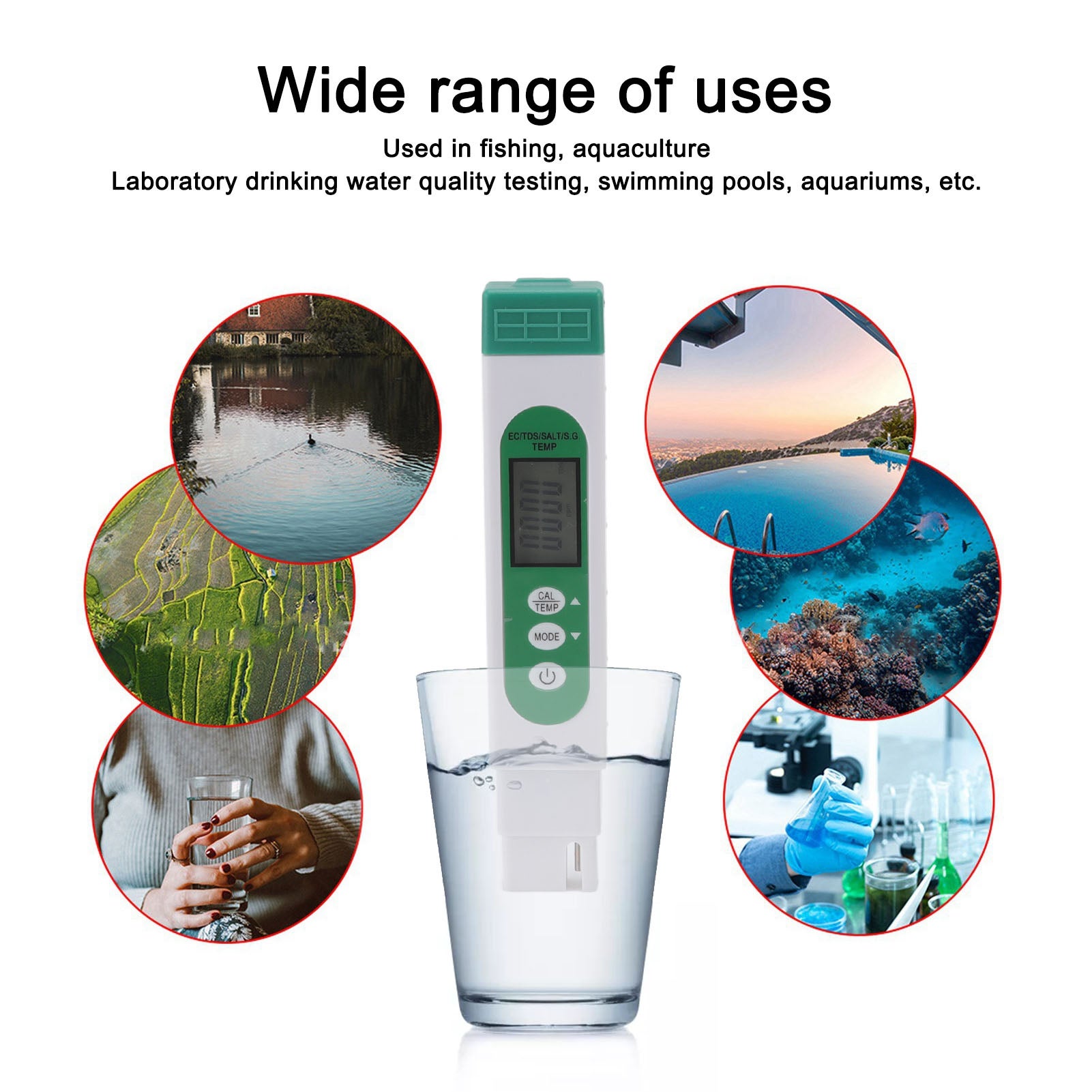 Testeur de qualité de l'eau 5 en 1, type stylo : sel, TDS, EC, SG, TEMP. Écran LCD numérique rétroéclairé. - 3