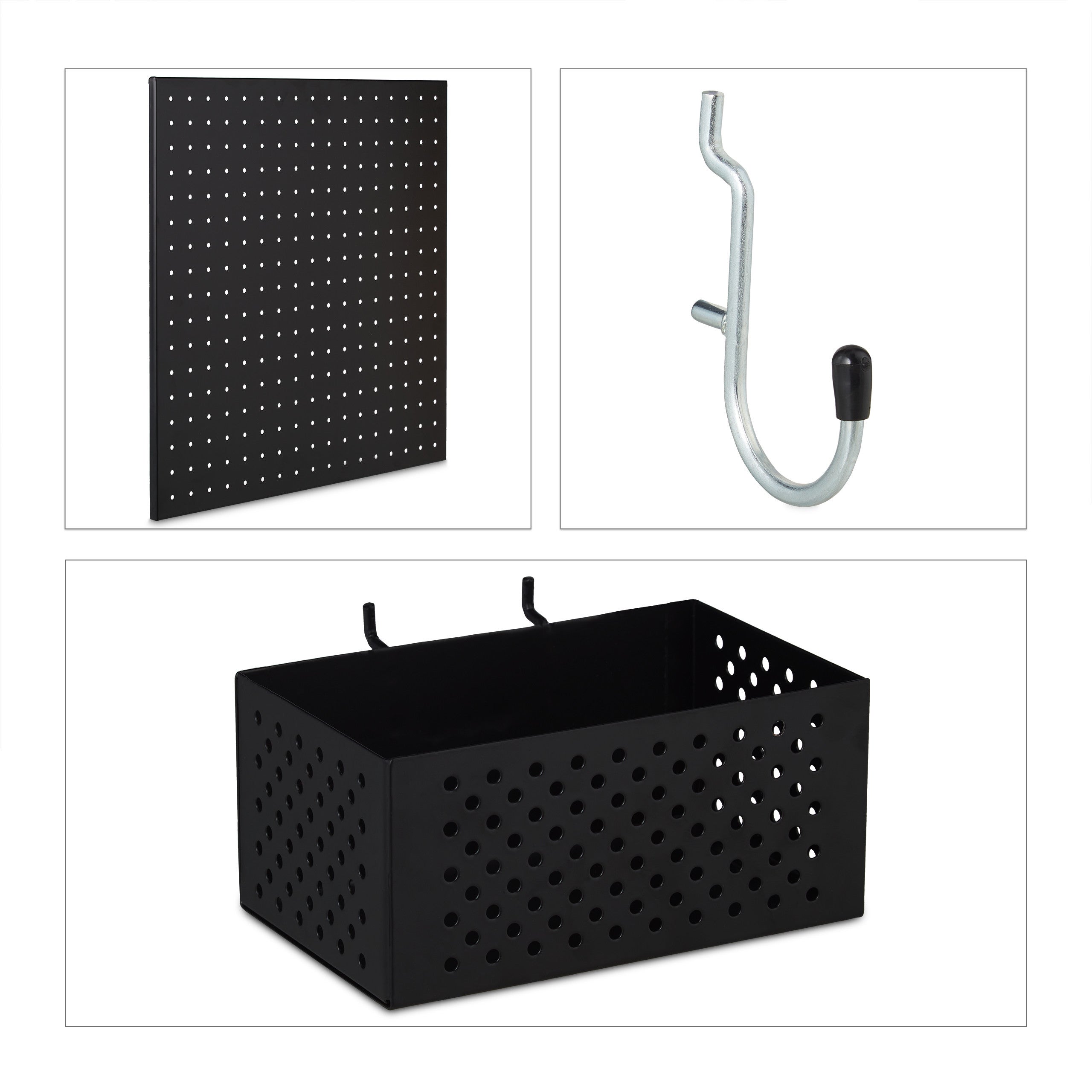 Parede de ferramentas, painel metálico 45 x 45 cm, conjunto de 9 peças para organização, preto, Relaxdays - 9