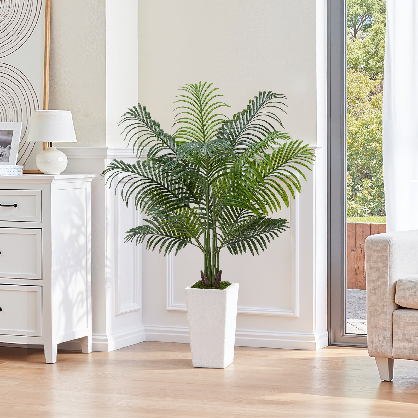 Palmera Areca Artificial VEVOR, 1,5 m, Maceta Blanca, Palmera Areca Tropical Falsa, Para Decoración Hogar, Sala de Estar, Oficina, Interior y Exterior - 8