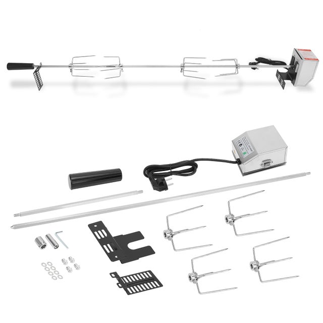 Set girarrosto per barbecue di spiedini elettrici universali per grigliare 220 V - 240 V con 4 aghi per carne e motore, 117 cm