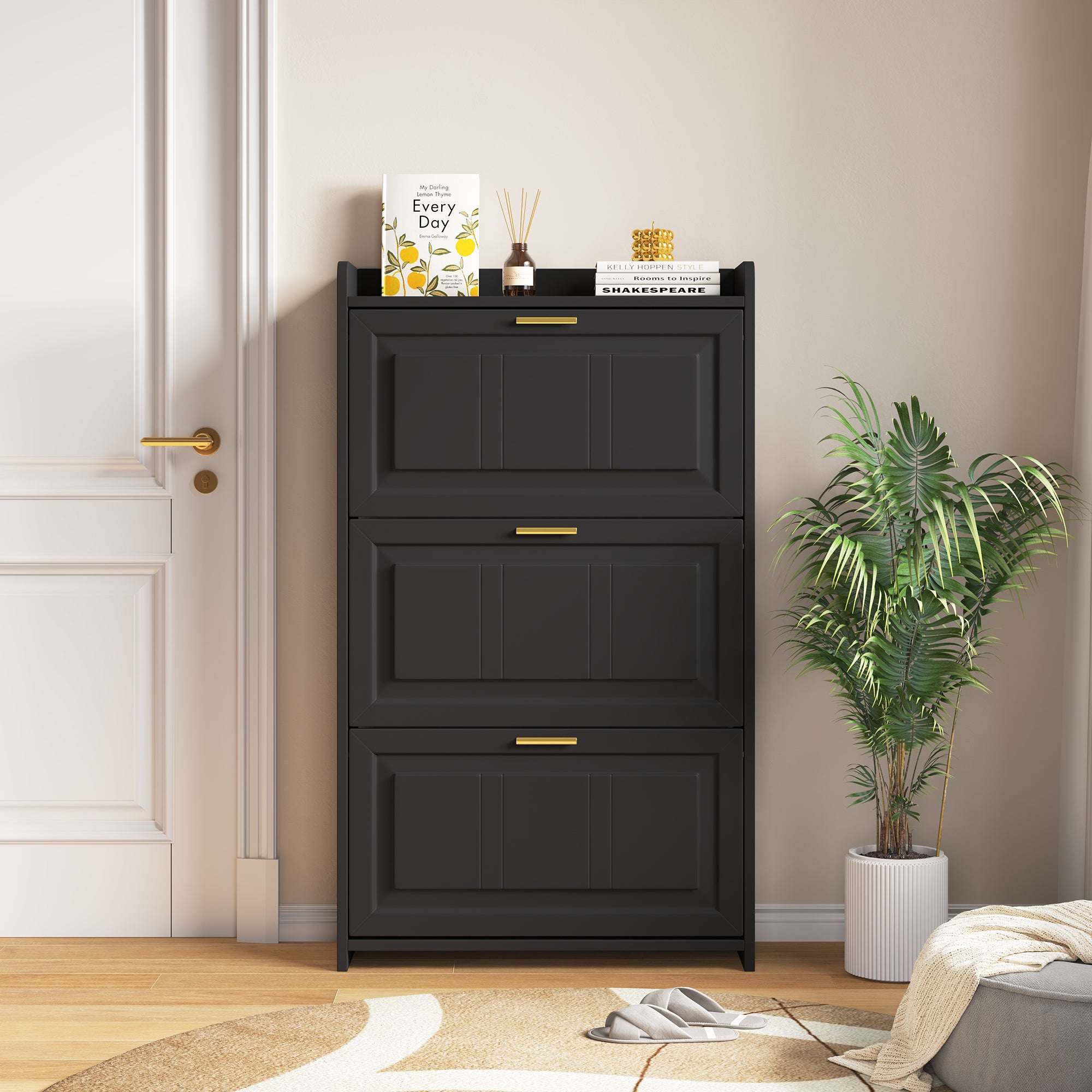 Meuble à chaussures avec 3 portes rabattables - 70 x 24 x 120 cm - MDF et panneaux de particules - Noir - 4