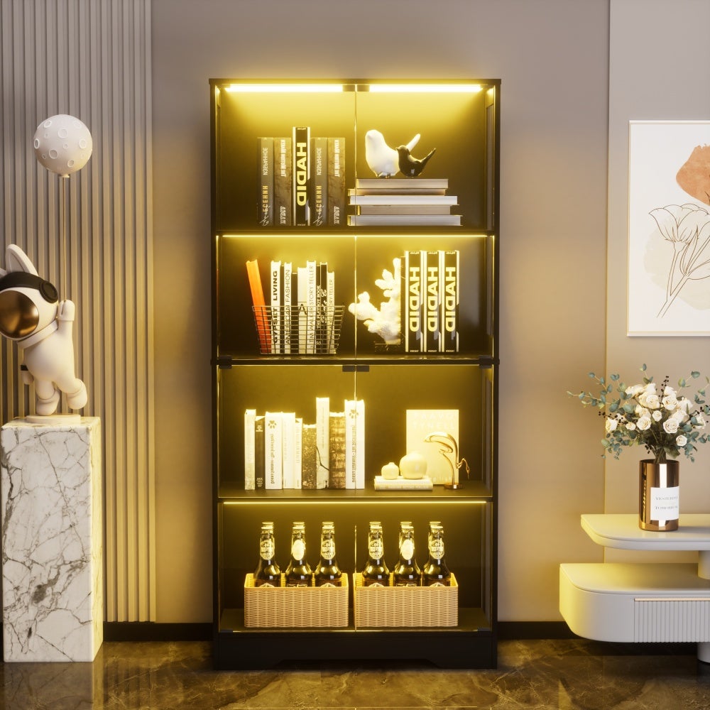 Vitrina de vidrio negra: 4 estantes, LED, sensor, a prueba de polvo ...