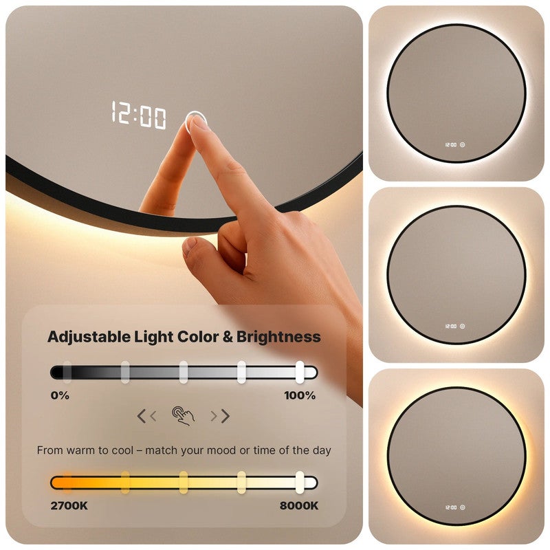 Mirlux Miroir de salle de bain rond à LED avec cadre noir mat, 60 cm, anti-condensation, rétroéclairage LED à 3 niveaux d'intensité. - 3