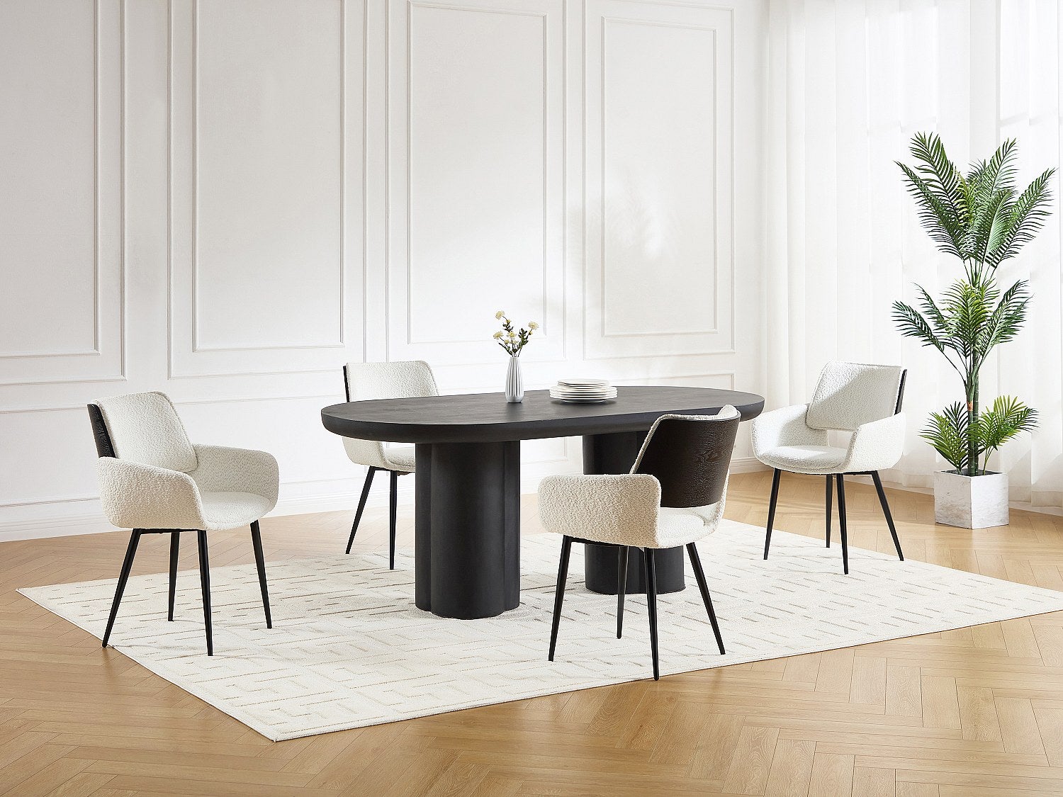 Zestaw 6 krzeseł z bukli i czarnego metalu z jesionową okleiną - Biały - ZURIKIA