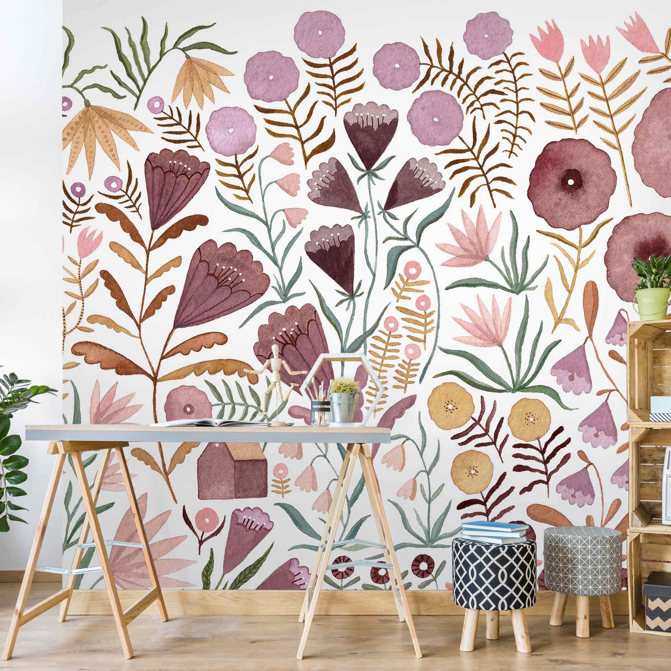 Papel pintado fotomural acuarela flores 395 - salón habitación niña habitación infantil dormitorio juvenil - tnt 288 x 288 cm adhesivo