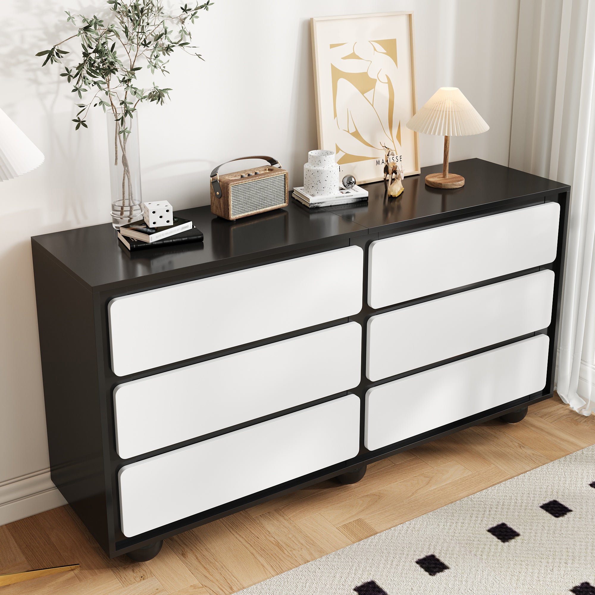 Komoda z 6 szufladami - 140 x 38 x 74,5 cm - Płyta wiórowa - Kolor biały + czarny