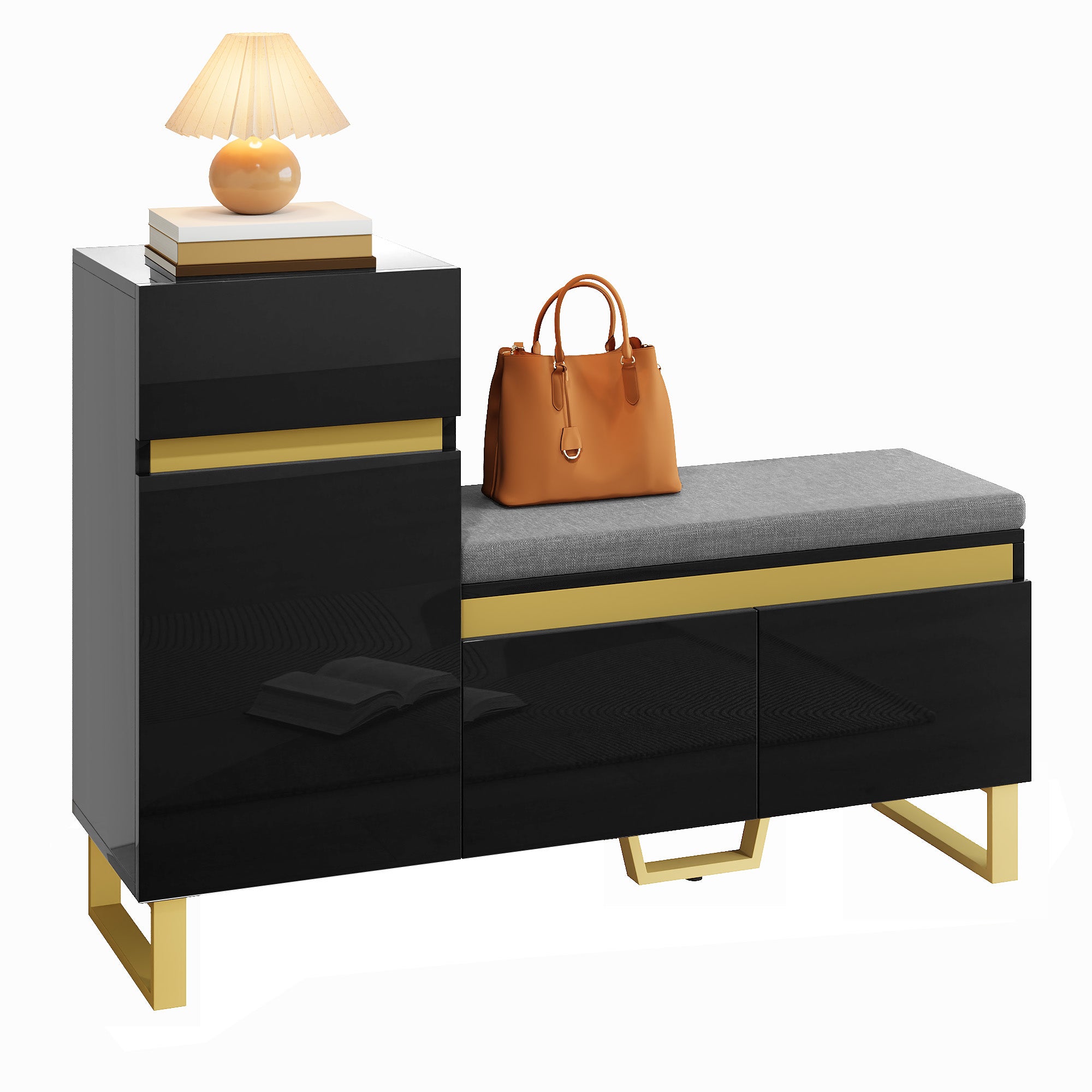 Szafa na buty 120x35x85 cm - 1 szuflada i 3 fronty - z pikowaną ławką na buty - Czarny - 5