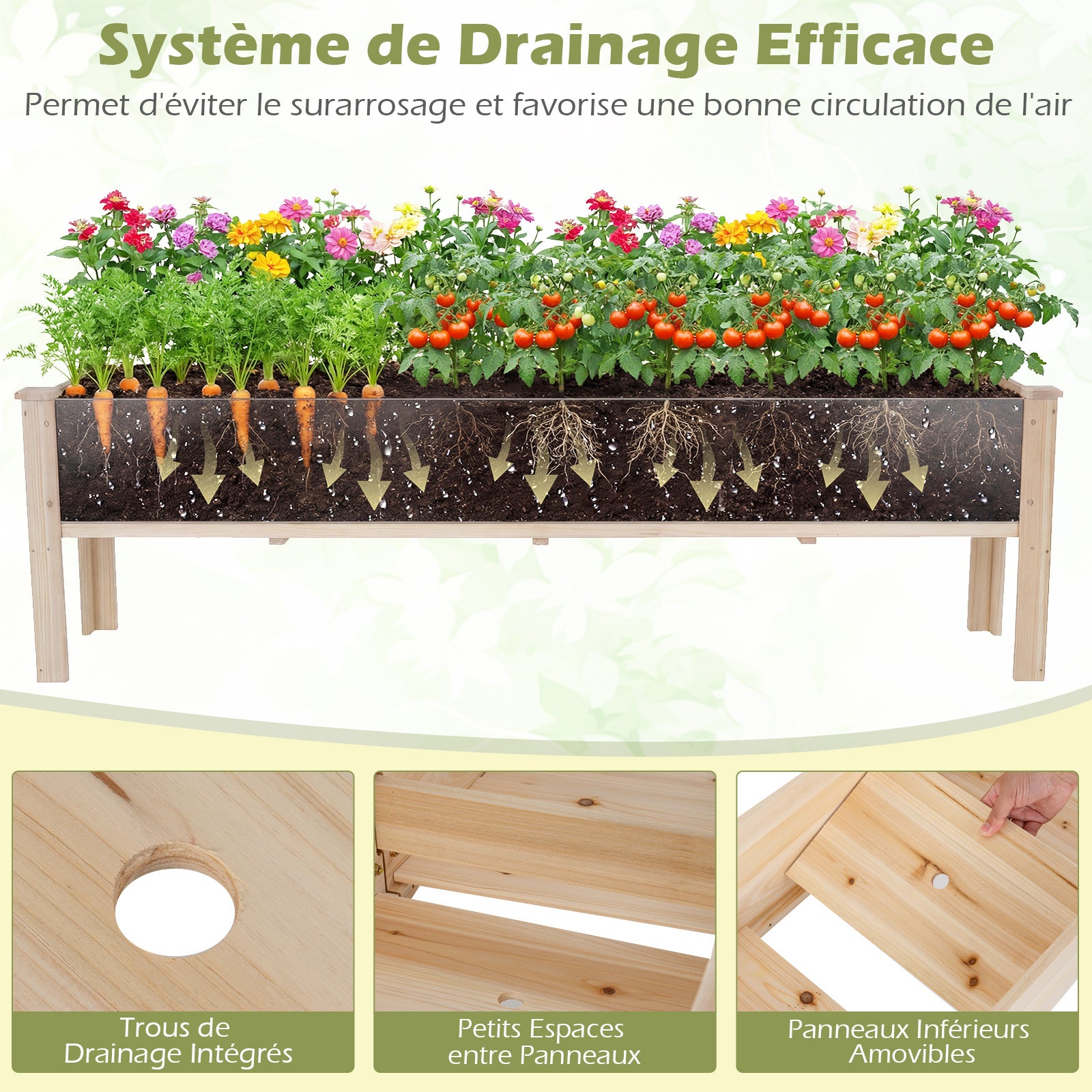 Jardinière avec 2 Zones de Culture, Bac à Fleur Surélevé en Bois de Sapin Plateaux Amovibles Séparation Trou de Drainage, 240 x 43,5 x 51,5CM, Naturel - 3