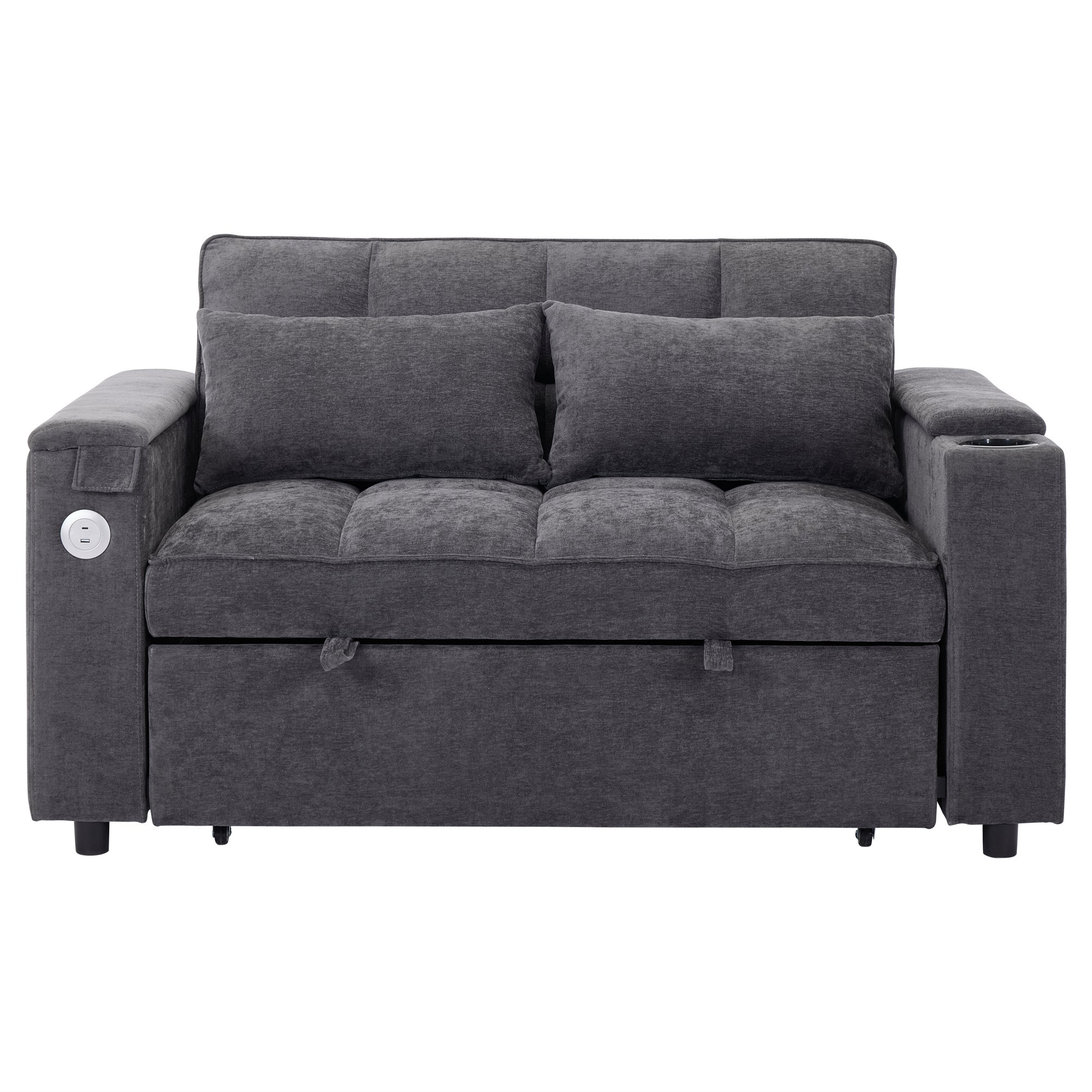 Canapé convertible 2 personnes 140.5x74x82 cm - Dossier réglable - Port USB - Porte-gobelet - Petite table d'appoint - Gris - 8