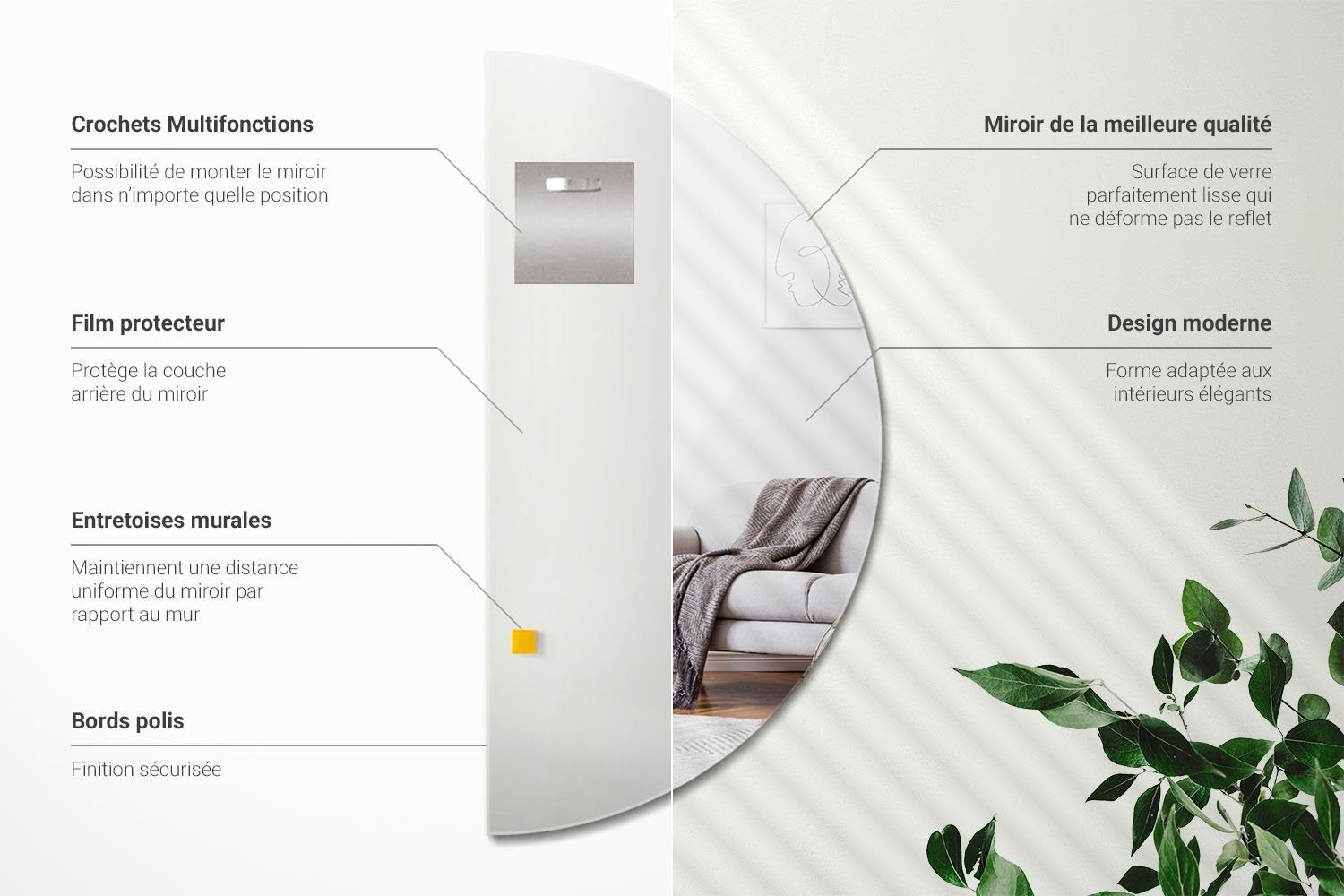 Grand Miroir Demi-Rond | 50 x 100 cm | Miroir Déco pour Chambre ou Hall - 4