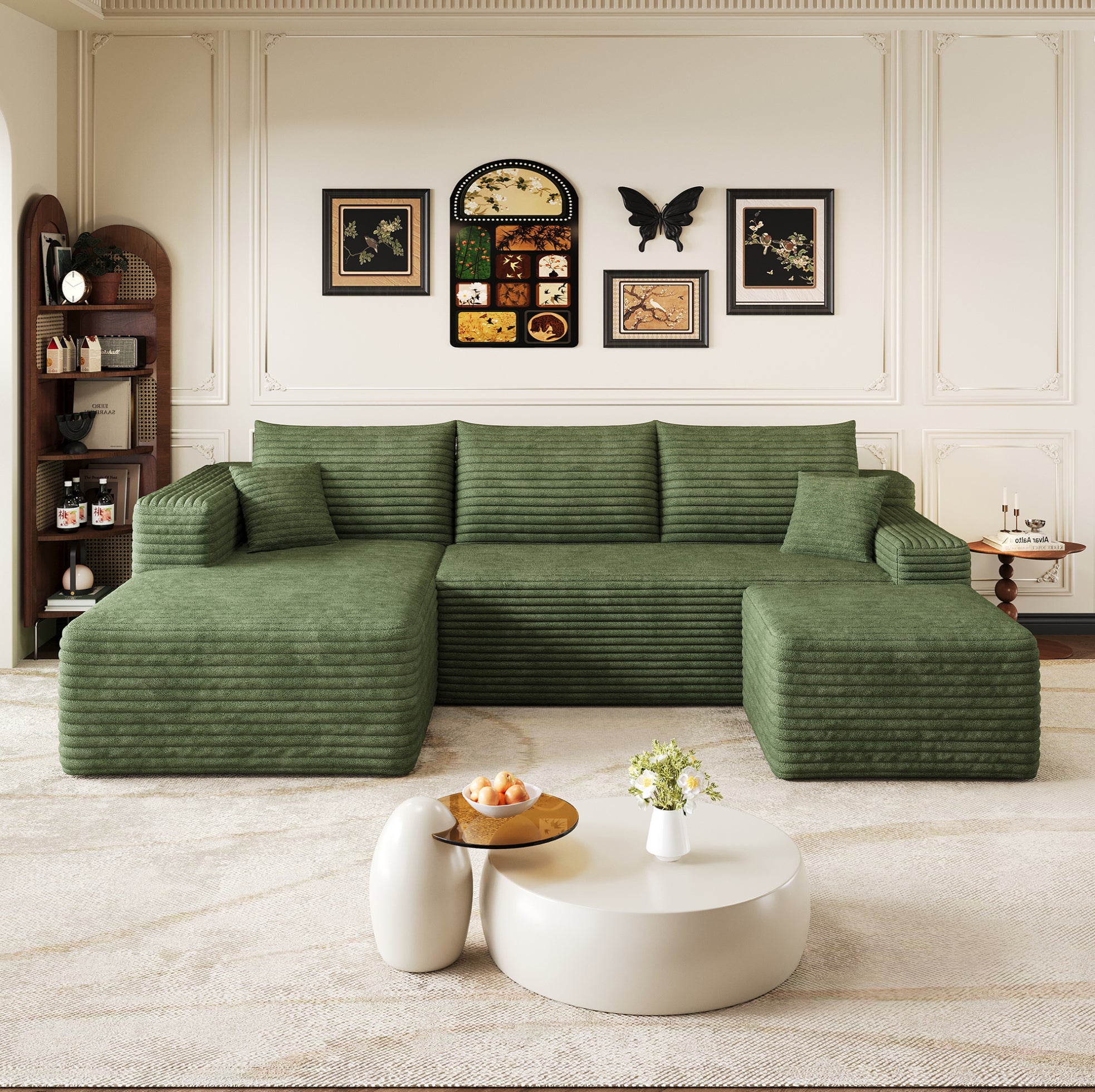 Canapé d'angle 4 places en tissu velours côtelé vert, mousse, 241 × 151 × 58 cm - 2