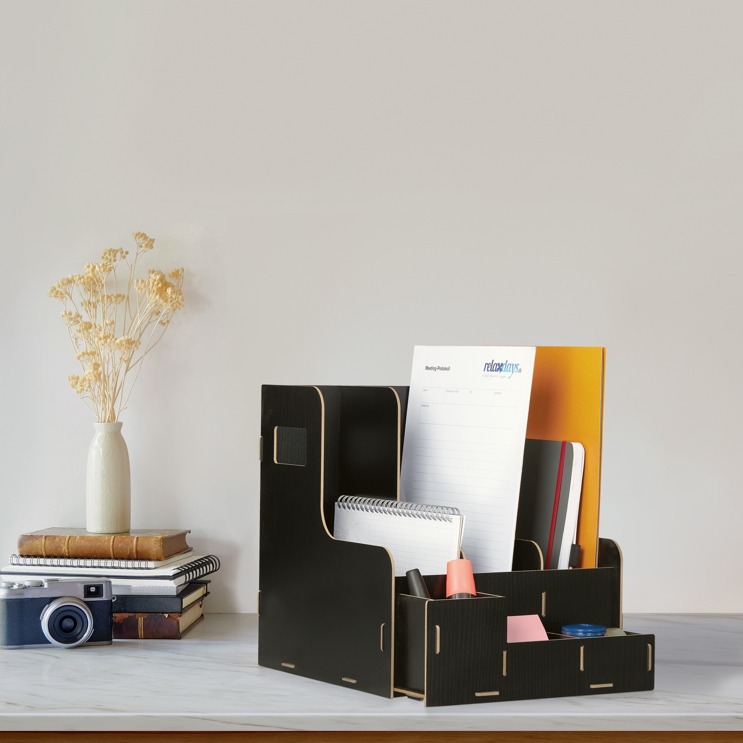 Organizador De Escritorio Relaxdays - Con 2 Cajones Y 3 Compartimentos, MDF Negro, 17x33x19 Cm