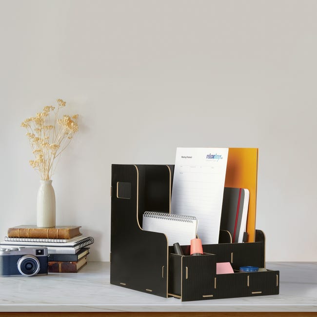 Organizador De Escritorio Relaxdays - Con 2 Cajones Y 3 Compartimentos, MDF Negro, 17x33x19 Cm